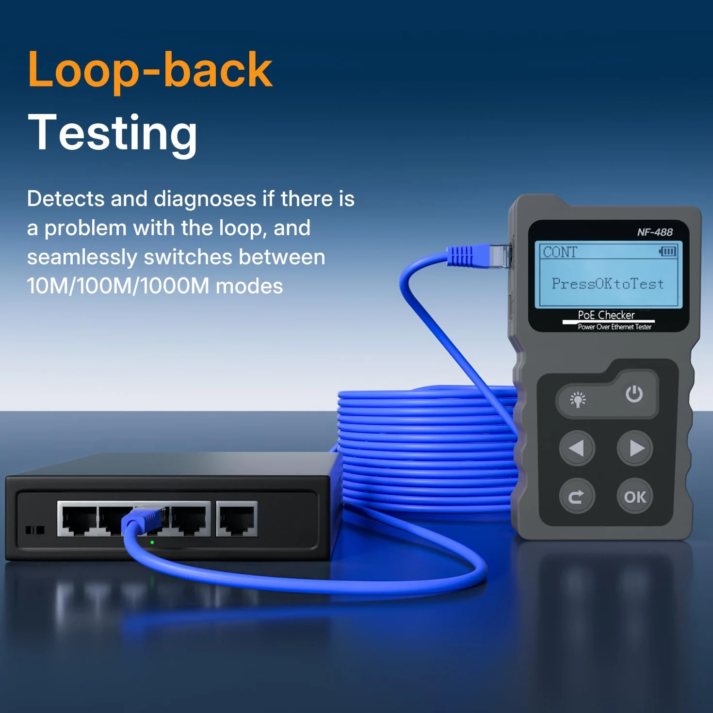 Mcbazel Tester sieciowy RJ45 z wyświetlaczem LCD, tester kabli sieciowych z funkcją POE