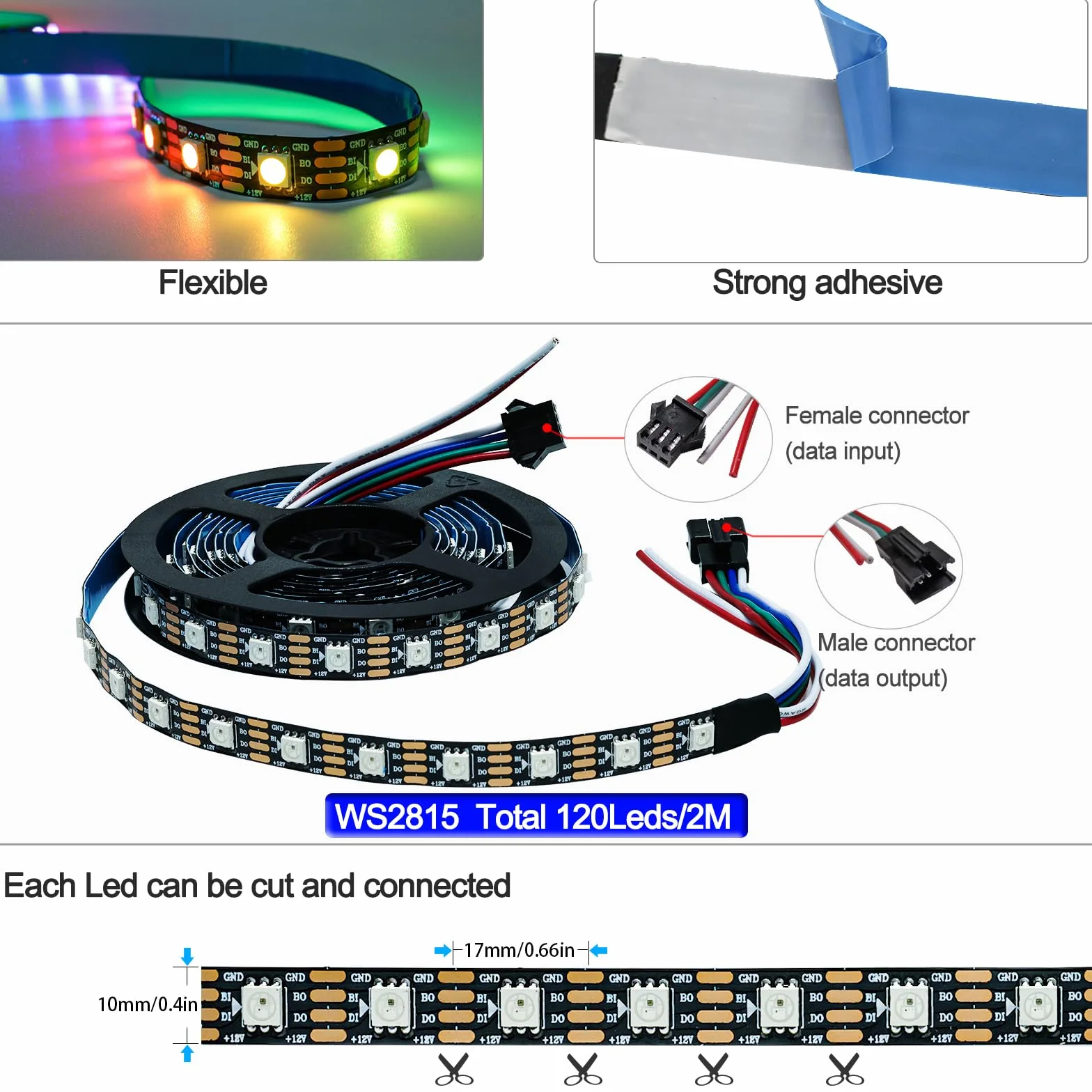 Taśma LED WS2815 12V 2m RGB SMD 5050 120 LED IP30 programowalna adresowalna