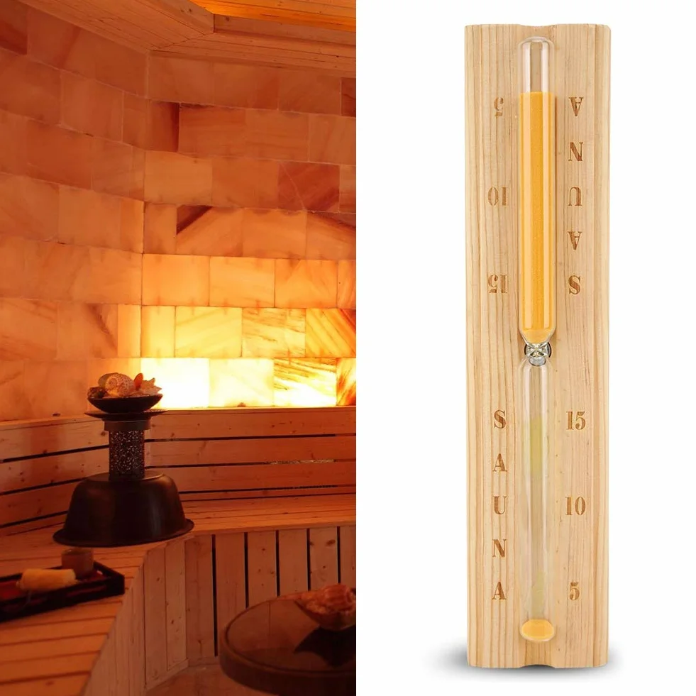 Yosoo Health Gear Drewniany zegar do sauny klepsydra, 15 minut: obrotowy biały zegar piaskowy do sauny SPA, odporna na wysokie temperatury drewniana klepsydra ze znacznikami wagi, minutnik