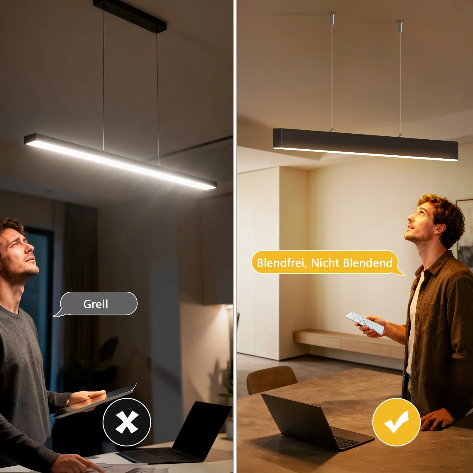 OOWOLF Lampa wisząca LED 40 W, ogniskowana 4000 K, miękkie białe światło, 120 cm, do biura, salonu, jadalni, garażu