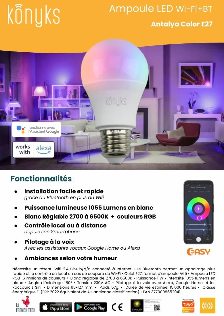 Konyks Antalya Color E27 - LED WiFI + BT, 1055 lumenów, 11 W, kolory + regulowany biały, kompatybilny z Alexa lub Google Home, łatwa automatyzacja