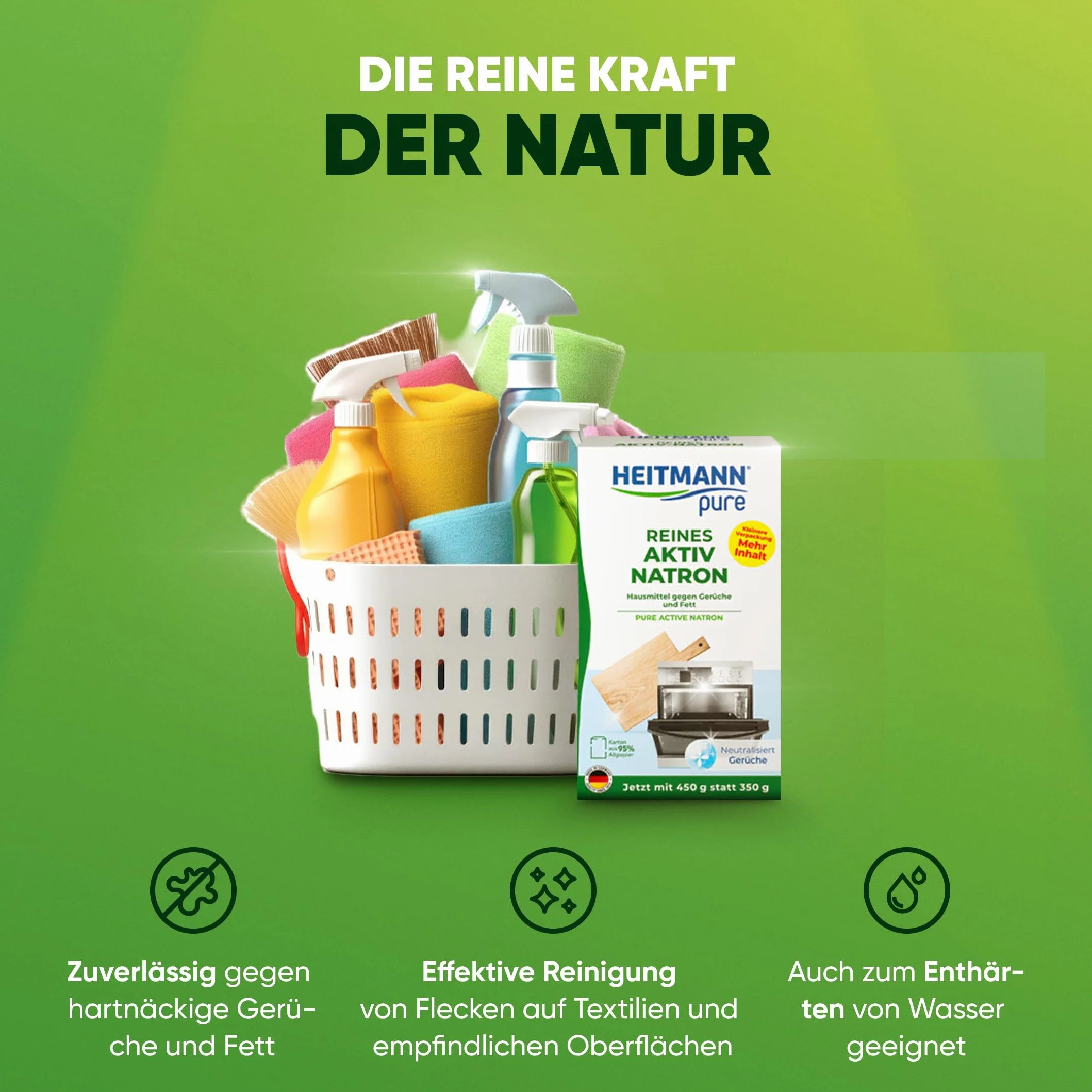 HEITMANN pure Czysta aktywna soda | niezawodnie usuwa tłuszcz, zapachy i plamy w całym gospodarstwie domowym | 450 g