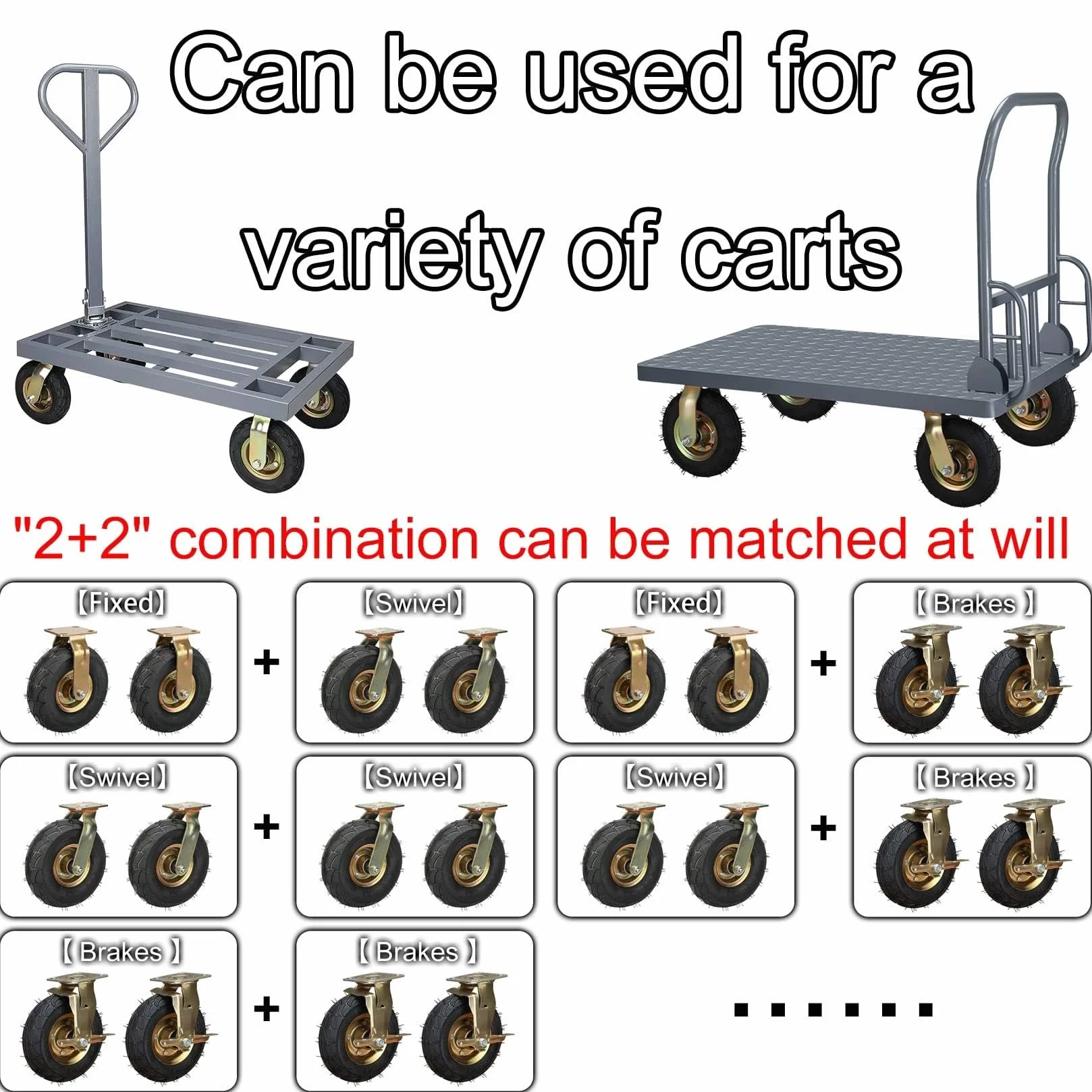 Zestaw kółek do dużych obciążeń 2 stałych hamulców obrotowych 8/10 cali Pneumatyczne gumowe kółko Udźwig 250 funtów(Swivel,Ø200mm/8in)