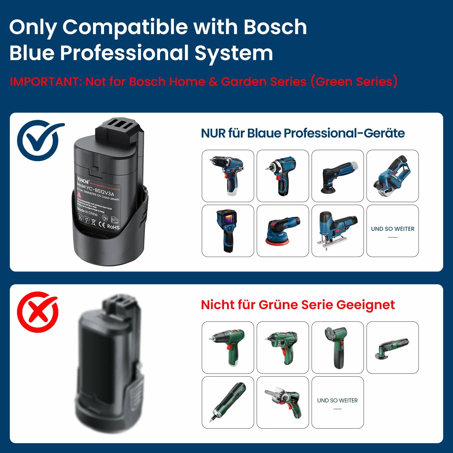 YUNCHI Akumulator zastępczy 3,0 Ah do Bosch 12 V, 2 sztuki