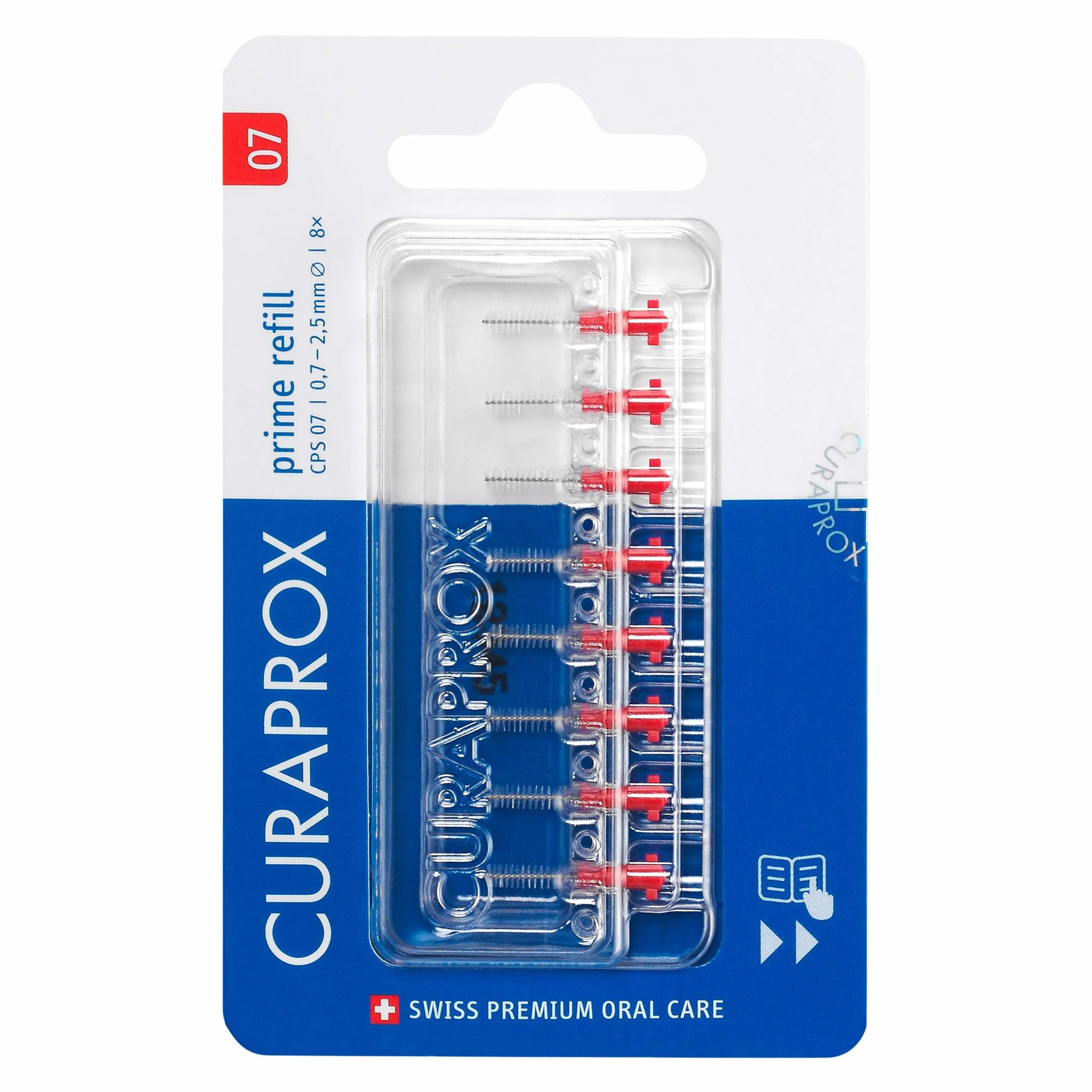 Curaprox Wkłady do szczoteczek międzyzębowych CPS 07 Prime-ISO Rozmiar 1, Czerwony/ultracienkie włókna do skutecznego czyszczenia szczelin / 8-Pack/Made in Switzerland/Niemieckie opakowania
