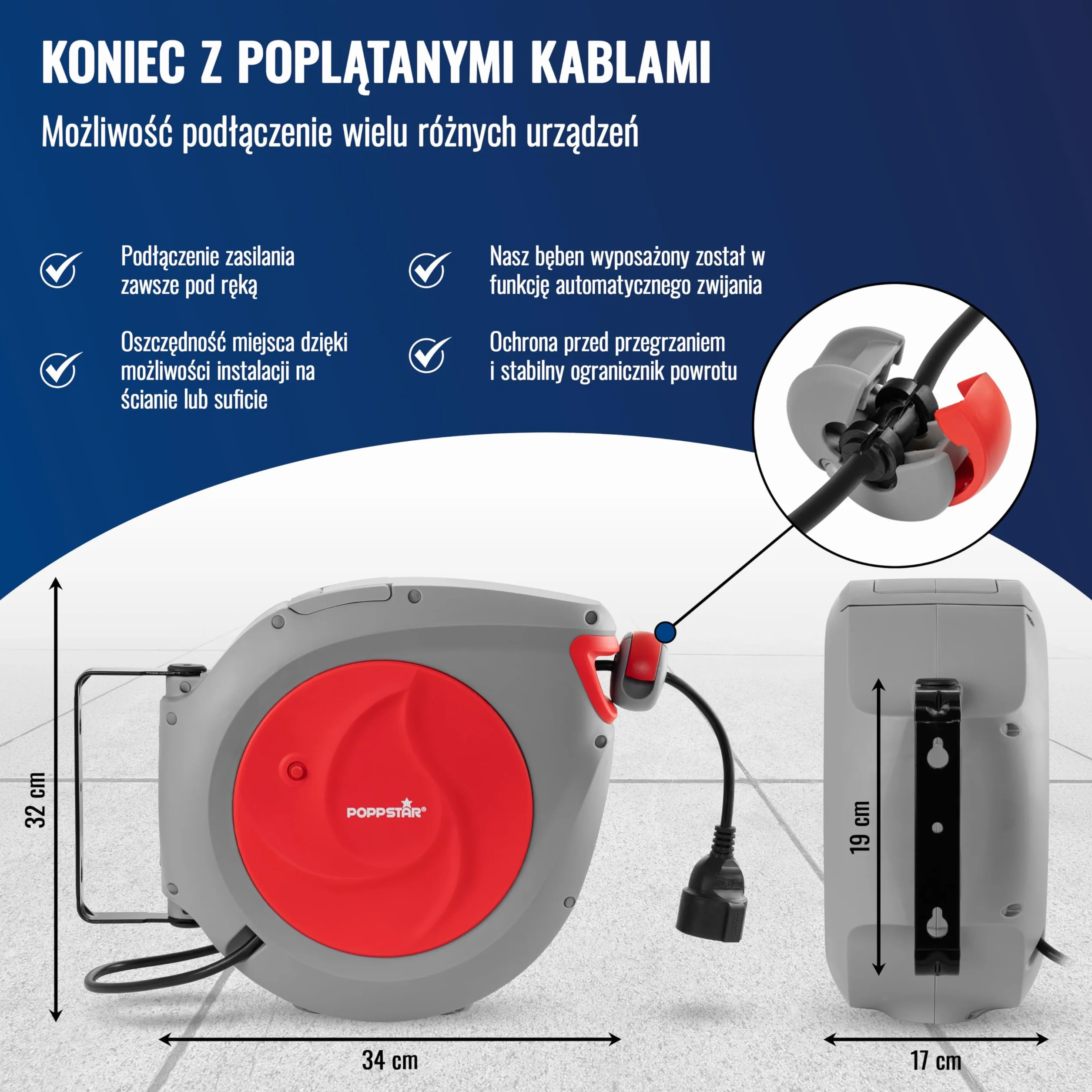Poppstar kabel zwijany automatycznie na bębnie, dł.kabla: 20 m + 2 m (maks. 2500 W) automatyczny zwijacz kabla IP20, do montażu na ścianie i suficie