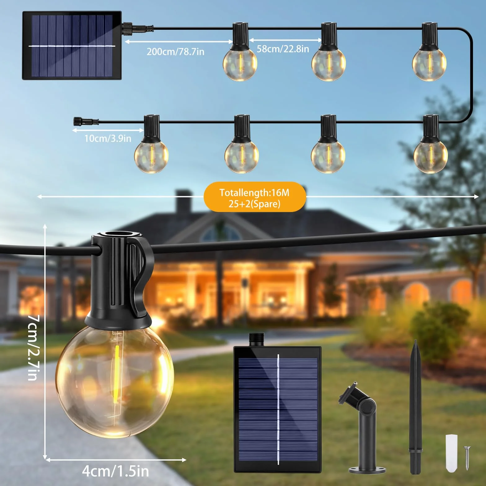 Sprifityy Łańcuch świetlny LED solarny 16 m G40 IP44 ściemniany do ogrodu