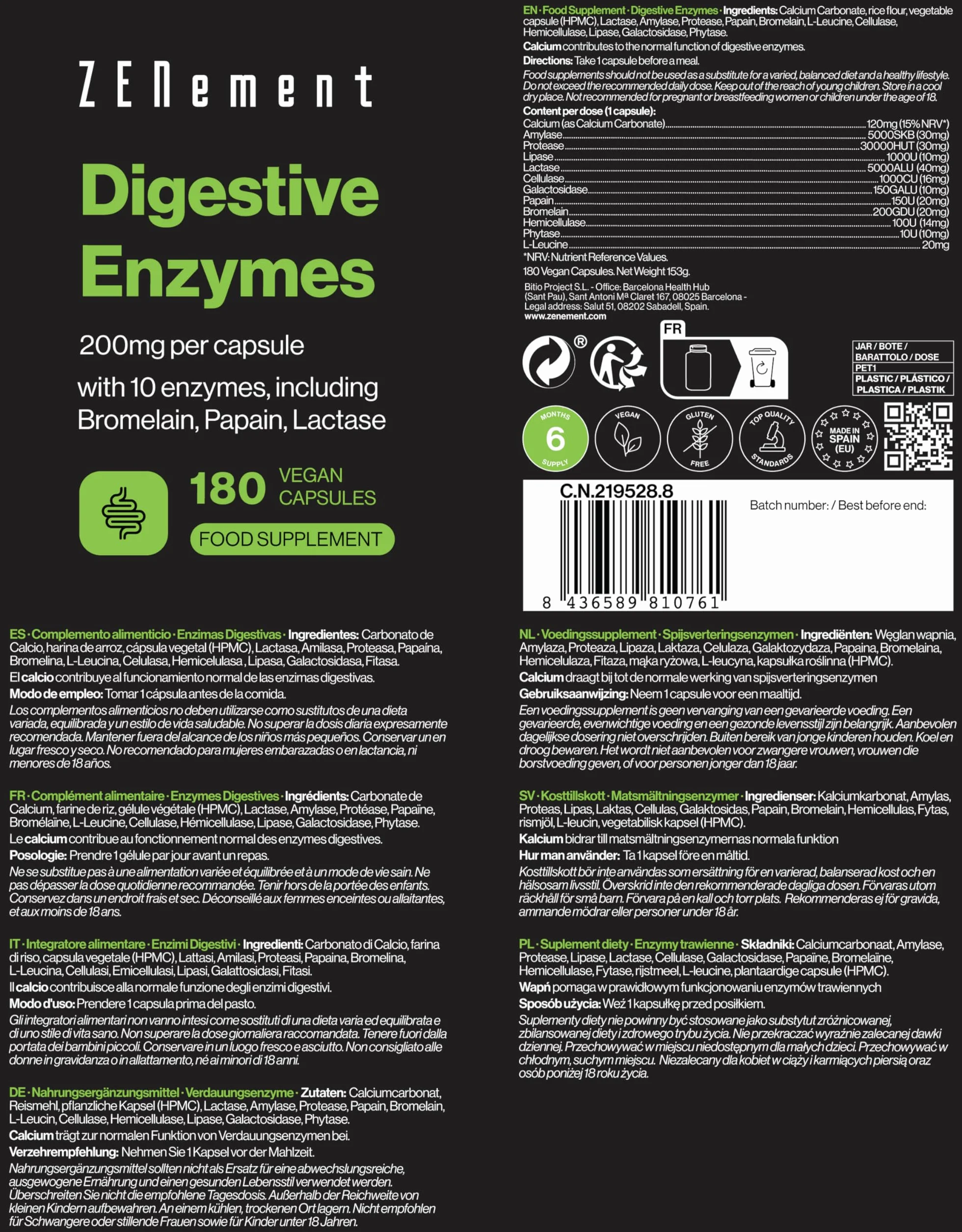 Enzymy Trawienne 10 Enzymów Bromelaina Papaina 200mg Kapsułka 180 Wegańskich Kapsułek