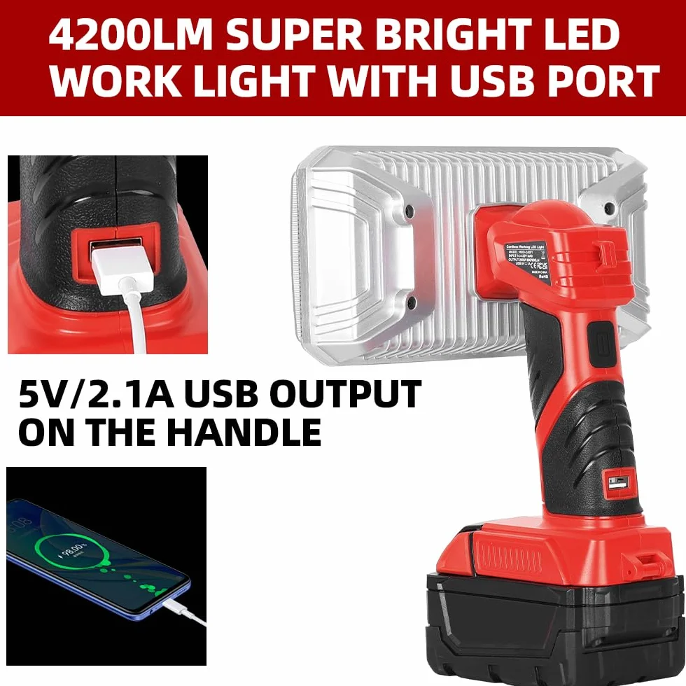 Bezprzewodowa lampa robocza 40 W do akumulatorów litowo-jonowych Milwaukee 18 V, reflektor roboczy LED z portem USB, 4200 lm stop aluminium, super jasne oświetlenie robocze w miejscu pracy, do użytku