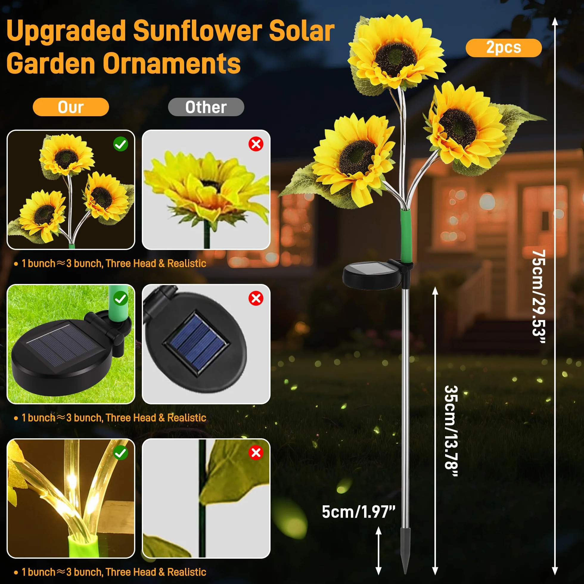 Starvortex 2-Pack światła solarne do ogrodu na zewnątrz, wodoodporne światło solarne do ogrodu, akcesoria ogrodowe z 60 LED, dekoracyjne światła solarne na ścieżki, trawnik, balkony, imprezy