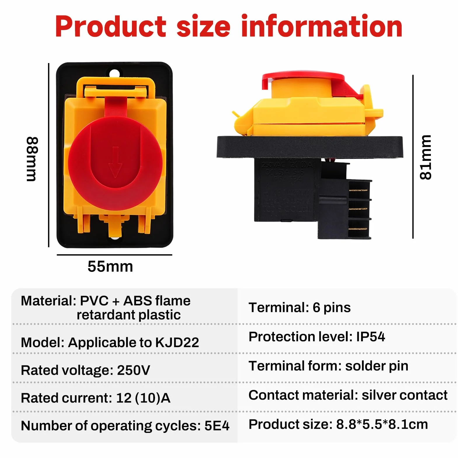 Przełącznik maszynowy KJD22-6 PIN 250 V, 12 A, przełącznik przyciskowy, przełącznik elektromagnetyczny, klasa wodoszczelności IP54, przełącznik do zabudowy, wyłącznik zerowego napięcia