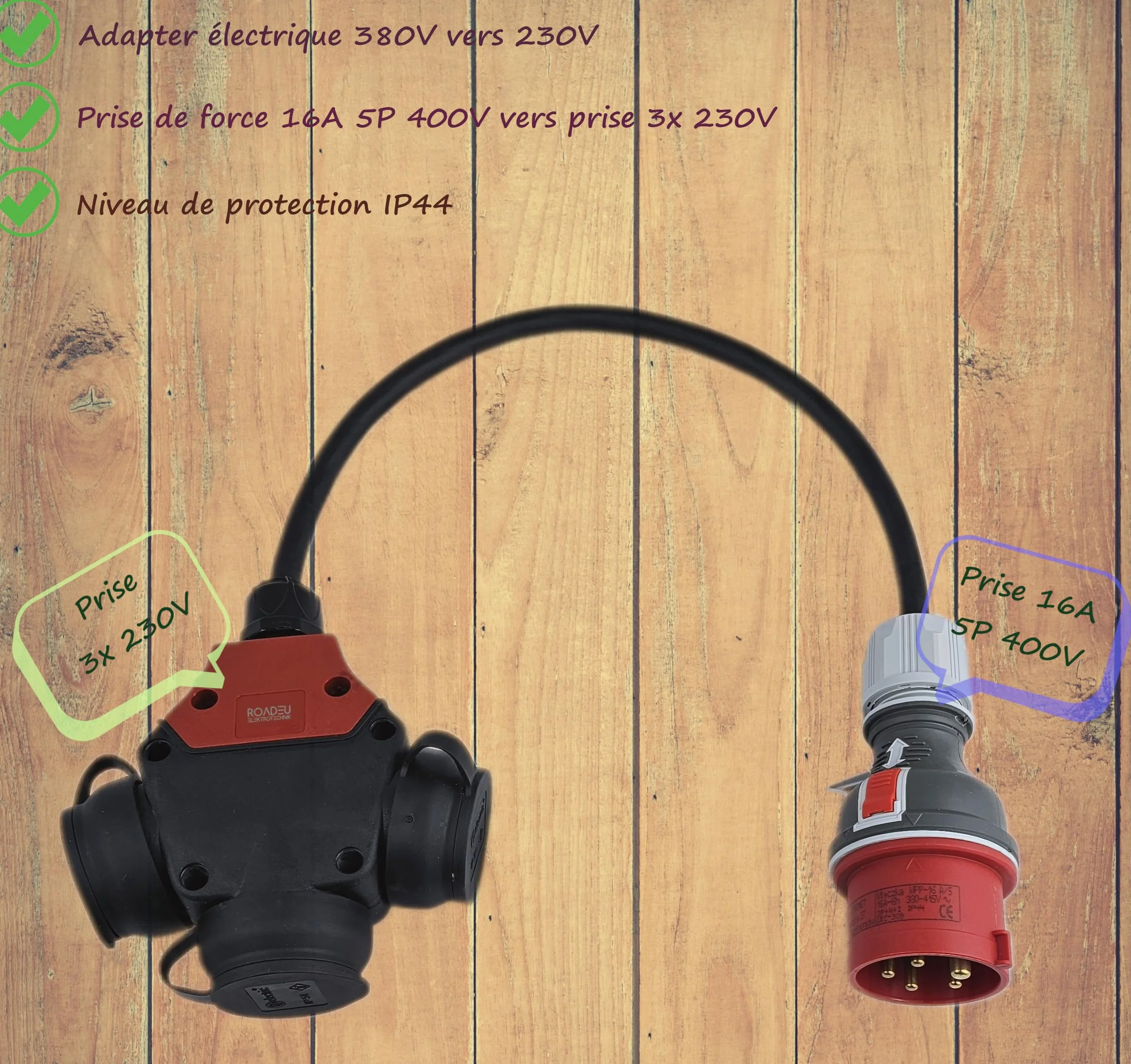 RoadEu Adapter przemysłowy przedłużający 0,5 m, adapter CEE 16A 380V do 220V z 3 gniazdami 230 V, przewód gumowy 5 x 2,5 mm², idealny do garażu, szopy lub fabryki