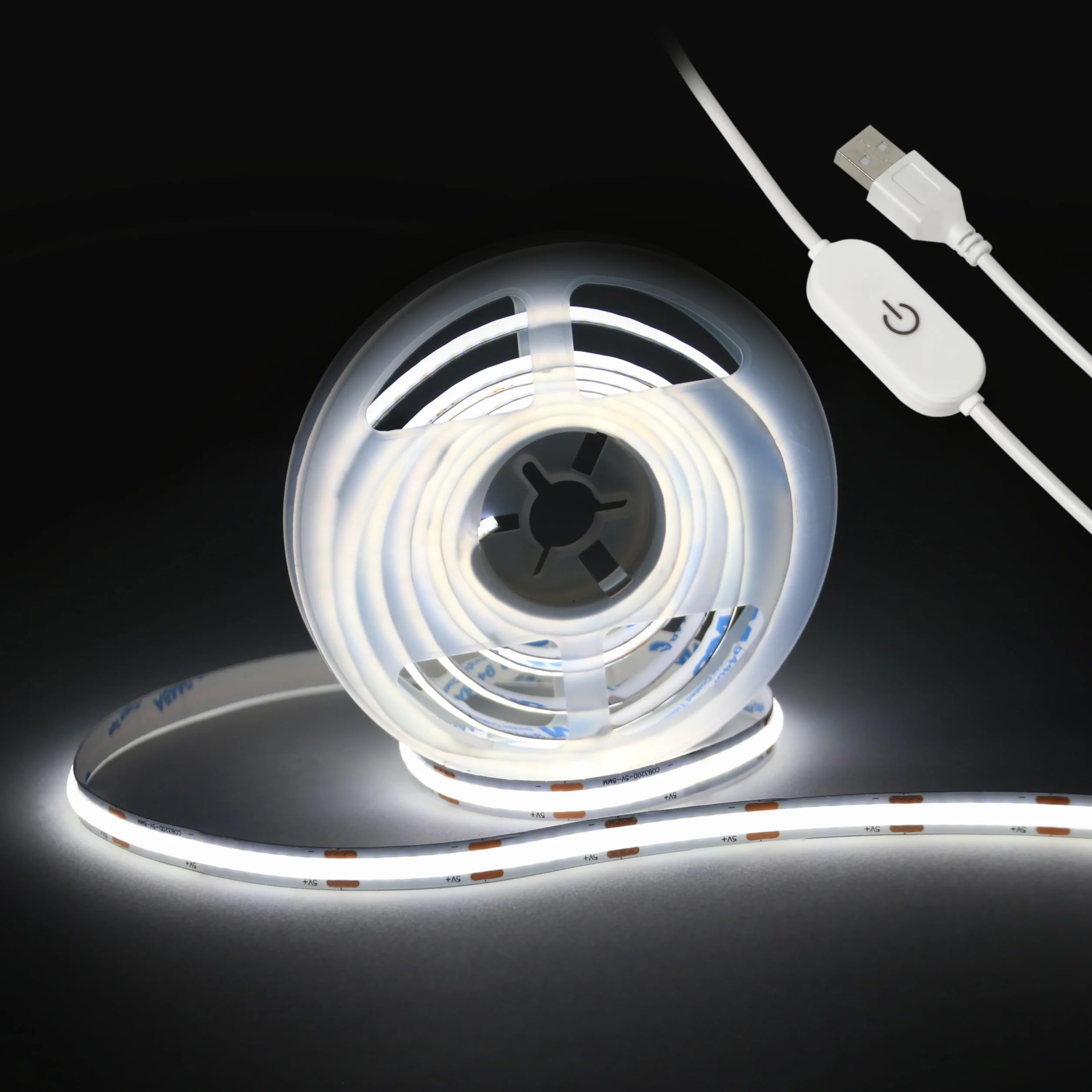 Taśma świetlna LED, 5 V, USB, 2 m, 640 diod LED, dotykowa, bezstopniowa, ściemniana, COB, taśma LED, 6000 K, biała, 13 W, elastyczne światła LED do sypialni, kuchni, do samodzielnego