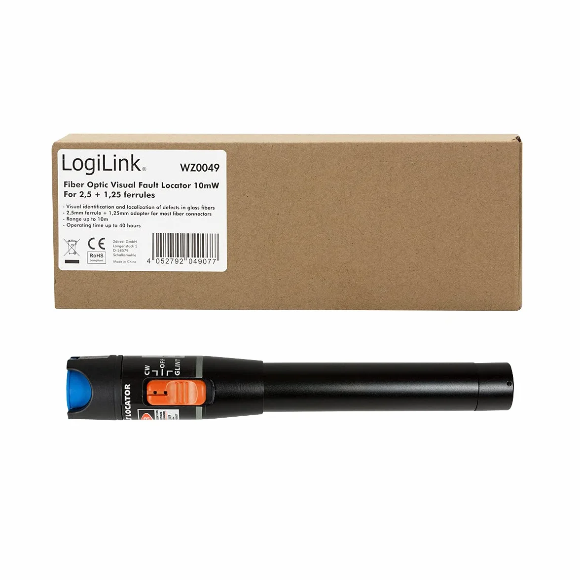 LogiLink Profesjonalny tester ciągłości WZ0049 światłowodowy (Fiber Checker) 10 mW do tulejek 2,5 + 1,25, czarny