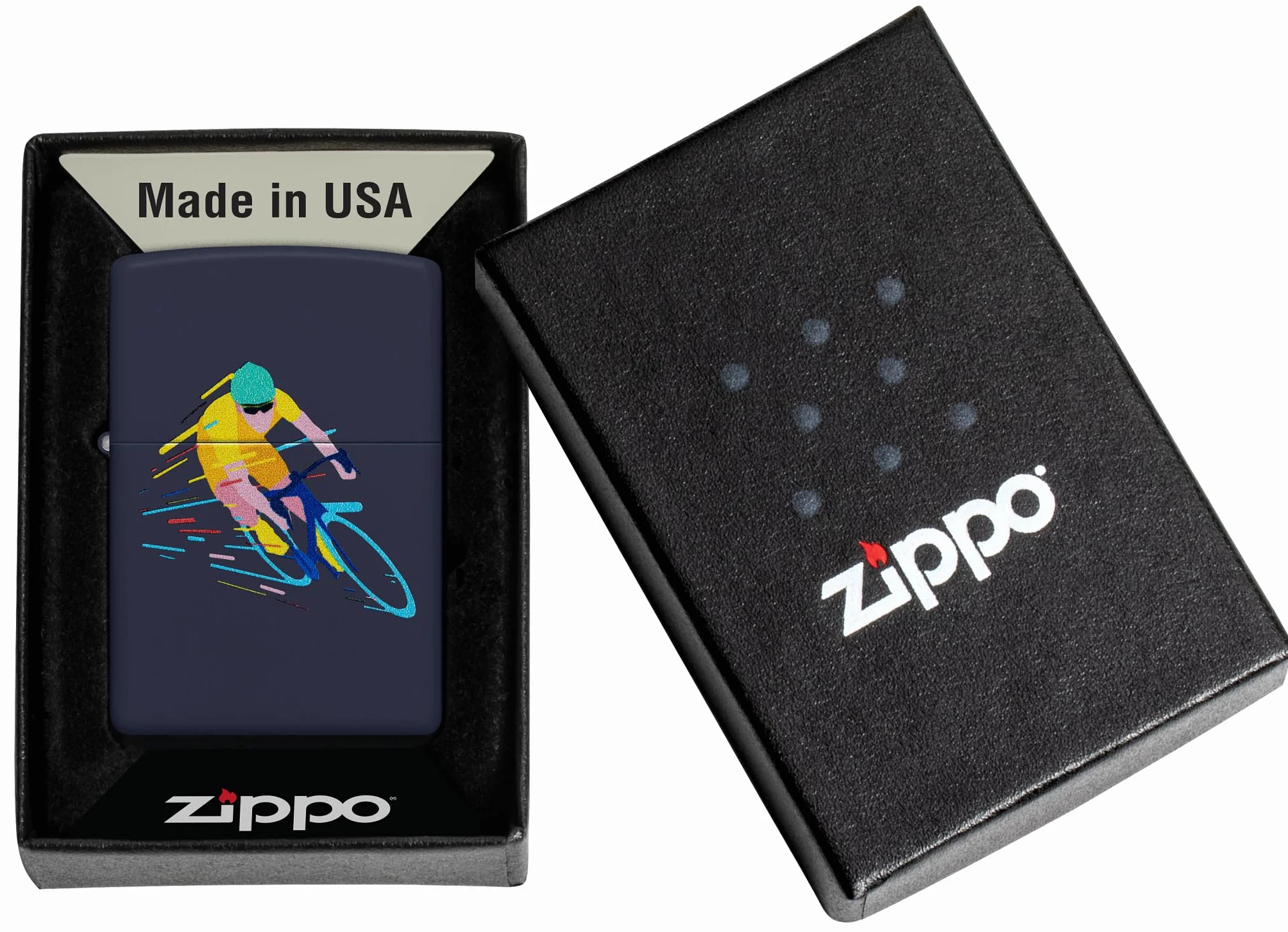 Zippo Cyclist Zapalniczka Sztormowa, Kolorowy Nadruk (Obustronny), do Napełniania, Wielokrotnego Użytku, Wiatroodporna Konstrukcja, Pudełko na Prezent, Wykonano w USA, Kolor Granatowy (Navy Matte)