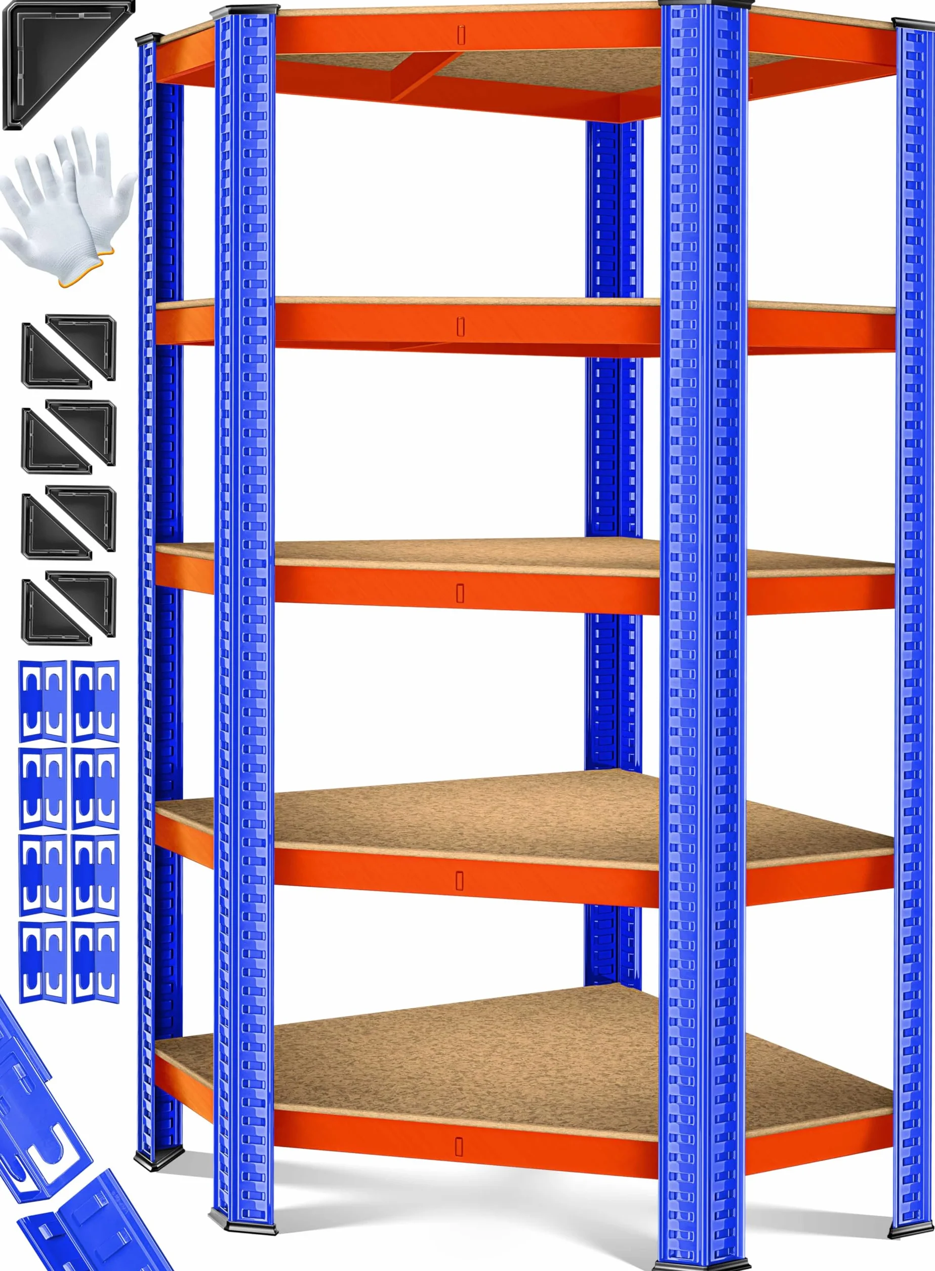 Regał narożny, magazynowy do dużych obciążeń, do piwnicy, 180 x 75 x 40 cm, do 875 kg, 5 regulowanych półek, płyty MDF, regał z metalu, regał wtykowy, regał warsztatowy, piwnica, garaż,