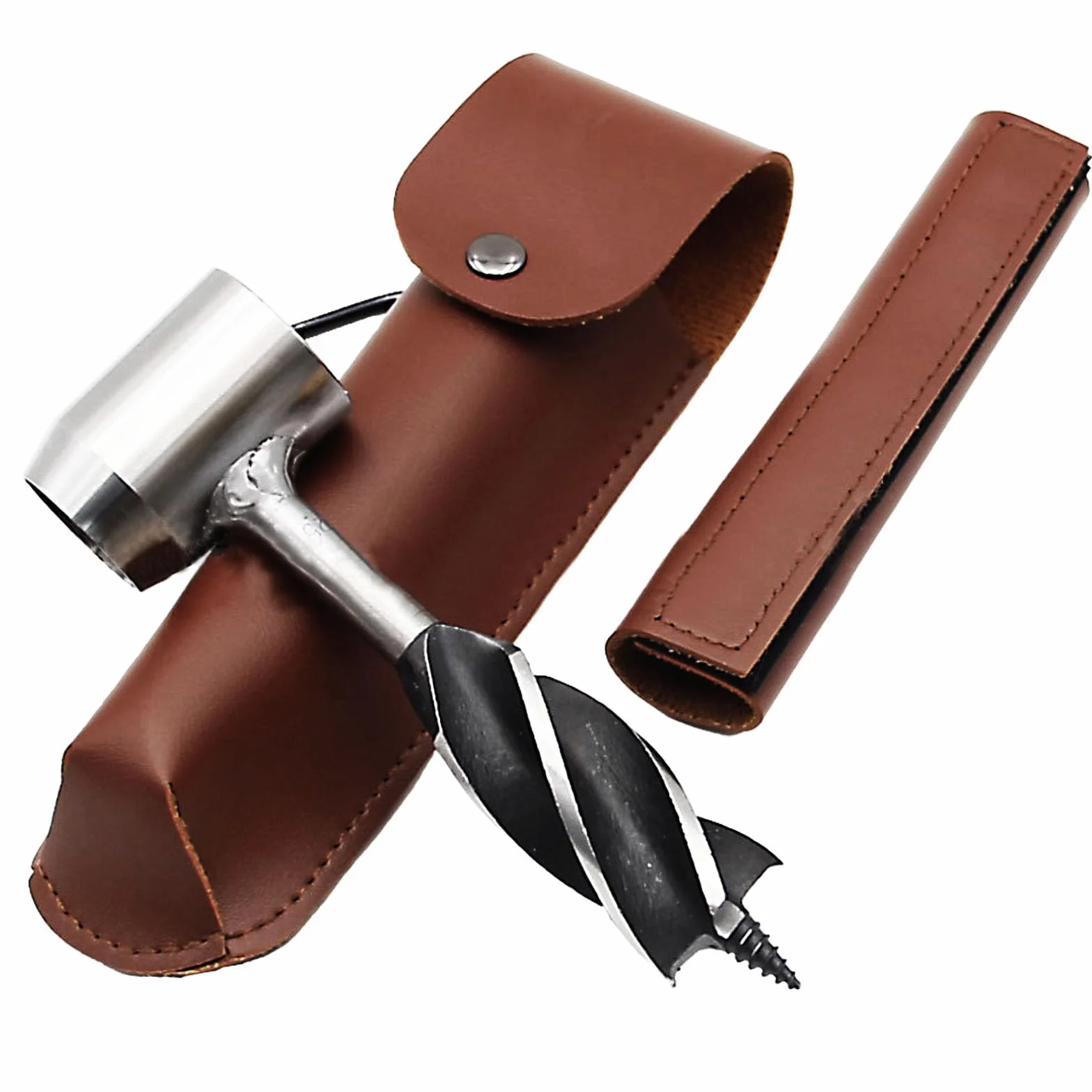 Ręczna wiertarka ślimakowa, ręczna wiertarka Bushcraft, ręczna wiertarka do drewna, ręczna wiertarka survivalowa ze skórzanym pokrowcem, zestaw wierteł ręcznych, do bushcraft, na kemping i podróże z
