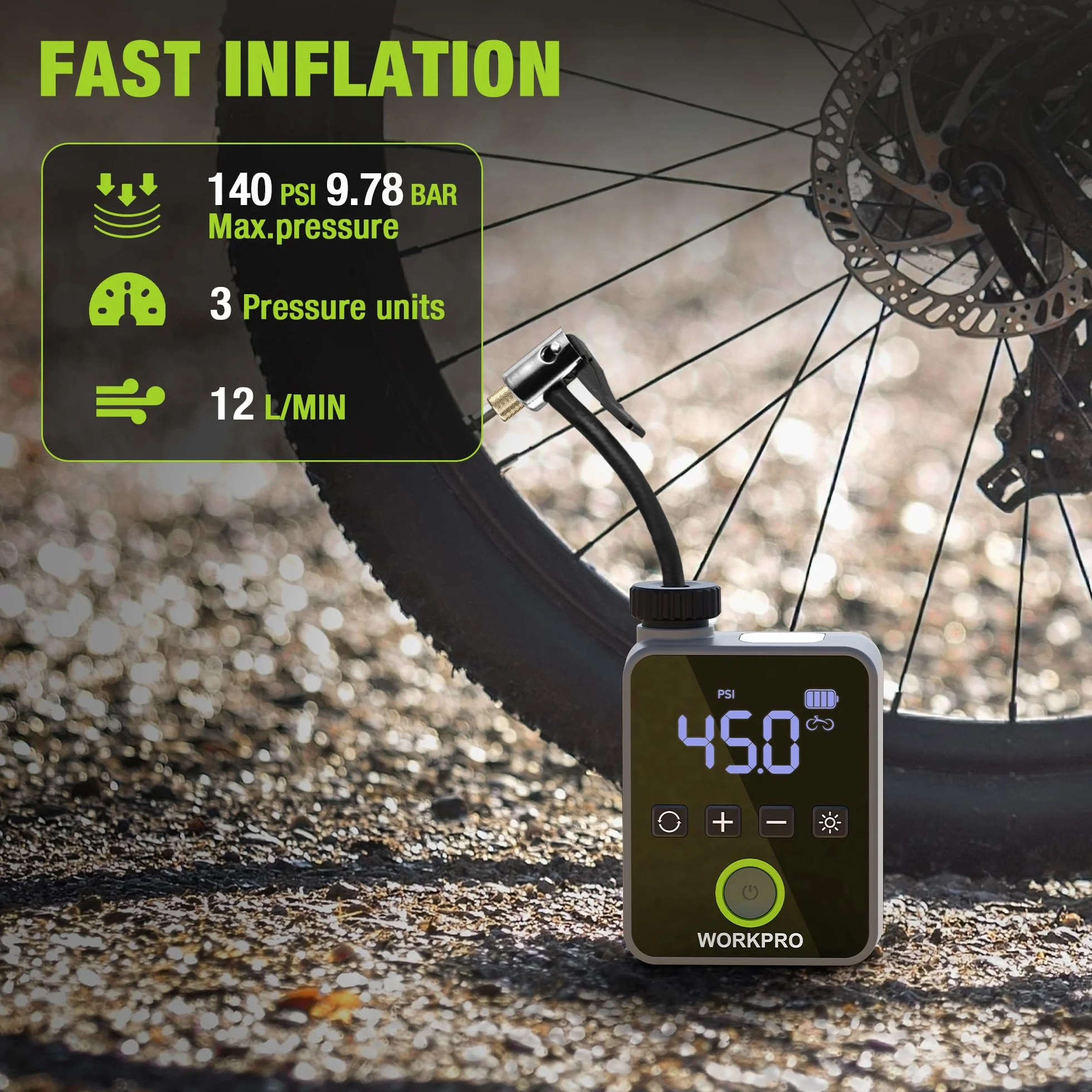 WORKPRO Mini pompka rowerowa, bezprzewodowa, elektryczna pompka powietrza 140 psi, przenośna sprężarka akumulatorowa z wyświetlaczem LED i światłem, do roweru, motocykla i piłki