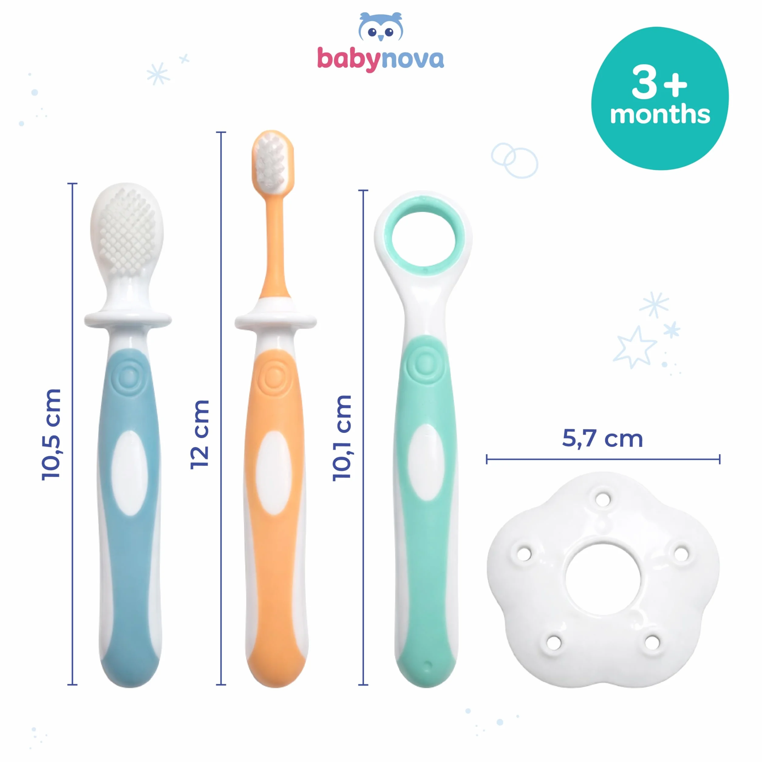 babynova Zestaw Startowy do Pielęgnacji Zębów – Szczoteczki do Zębów dla Niemowląt od 6 Miesiąca – Szczoteczka Treningowa, Pierścień Ochronny dla Większego Bezpieczeństwa, Szczoteczka i Czyścik