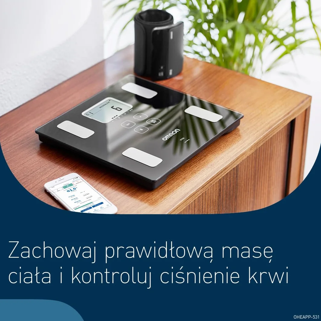 Waga OMRON VIVA Bluetooth Smart i monitor składu ciała z pomiarem tkanki tłuszczowej, masy ciała, zawartości tłuszczu trzewnego, masy mięśni szkieletowych, metabolizmu spoczynkowego i BMI