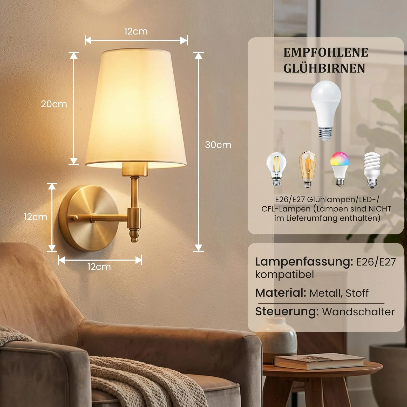 Zestaw 2 lamp ściennych LED do wnętrz, retro złote lampy ścienne do łazienek, styl industrialny, 3000K-6000K z kloszem z tkaniny, lampy ścienne do sypialni, salonów i klatek schodowych