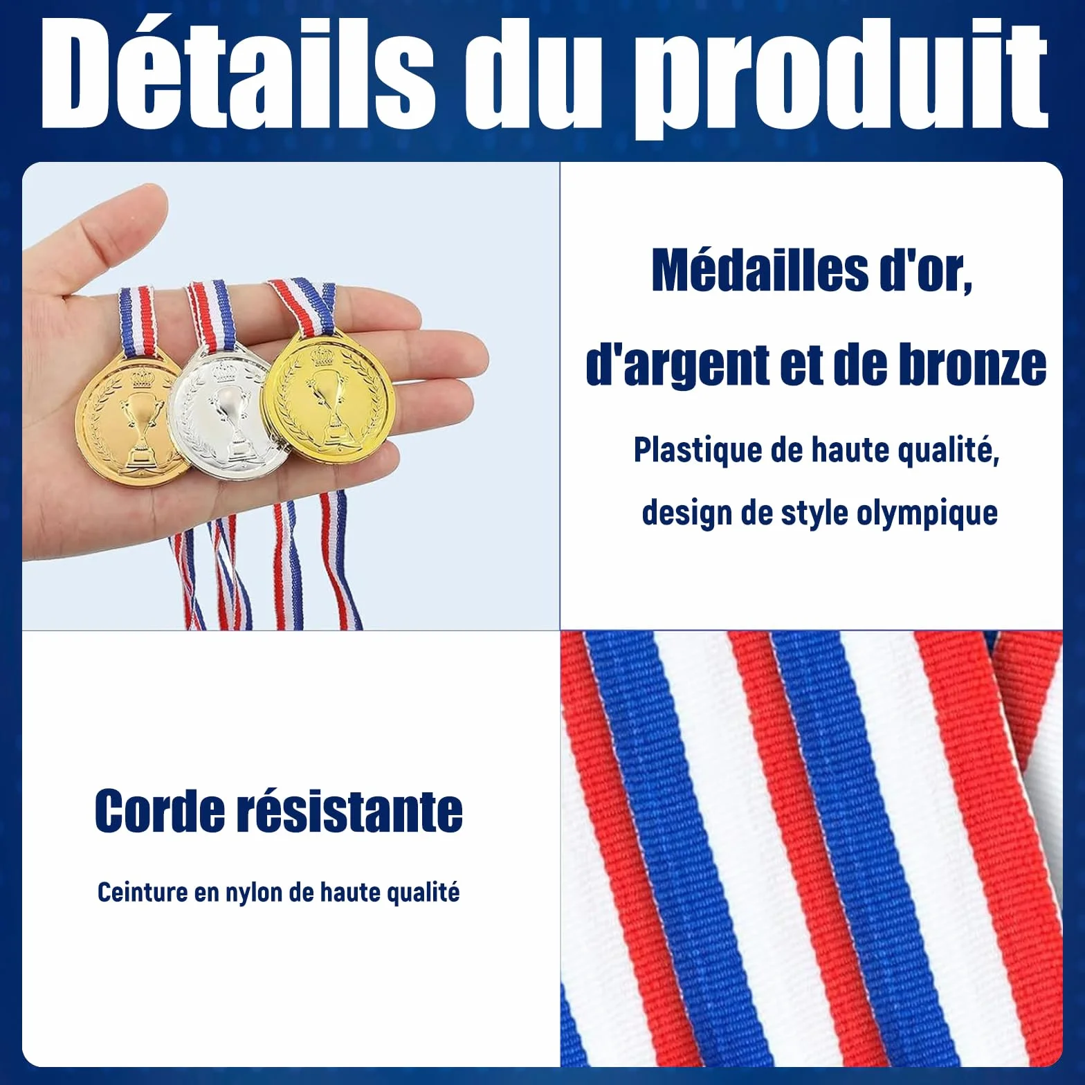 30 medali olimpijskich, nagrody na dzień sportowy, złoty medal z taśmą na szyję, plastikowy medalik do sportu, zawodów, imprez, w stylu olimpijskim, złotym, srebrnym, brązowym