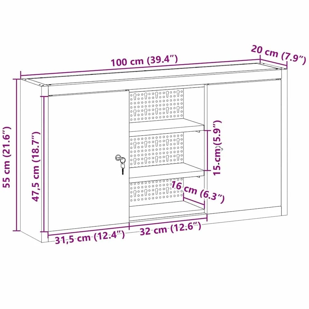 Szafka na narzędzia z regałem czarna i szara, 100 x 20 x 55 cm, stabilna metalowa szafka z zamkiem, regulowane półki do warsztatu, garażu, piwnicy i dla majsterkowiczów