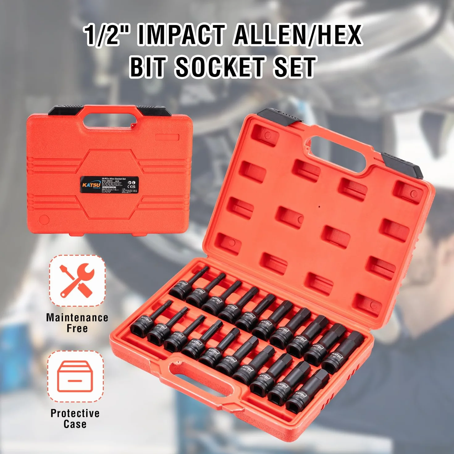 KATSU Tools Zestaw nasadek imbusowych 1/5.1 cm, 20 szt., rozmiar metryczny i imperialny, H6 - H19 i H1/10.2 cm - H3/10.2 cm, stal CR-MO, długość 78 mm 420413