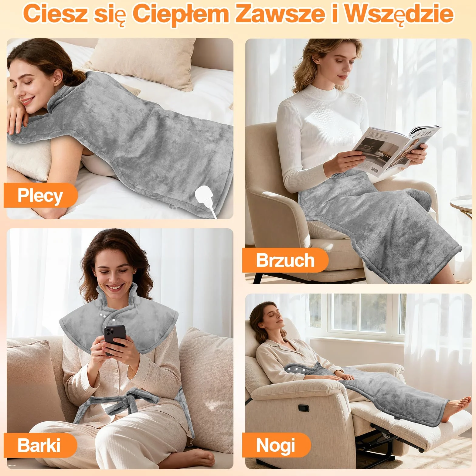 Poduszka Grzewcza na Plecy 60x100 cm 9 Poziomów Temperatury 4 Ustawienia Timera Automatyczne Wyłączanie Ochrona Przed Przegrzaniem Flaneela