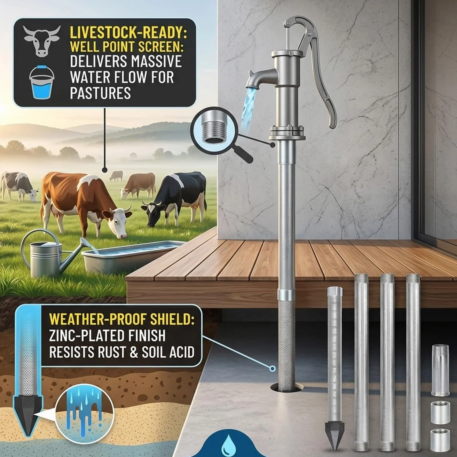 Zestaw studni Sand Point, 1-1/4" ze stali nierdzewnej do wiercenia studni z przesiewaczem 36" 60 mesh i 5 ocynkowanymi rurami, do miękkiej gleby