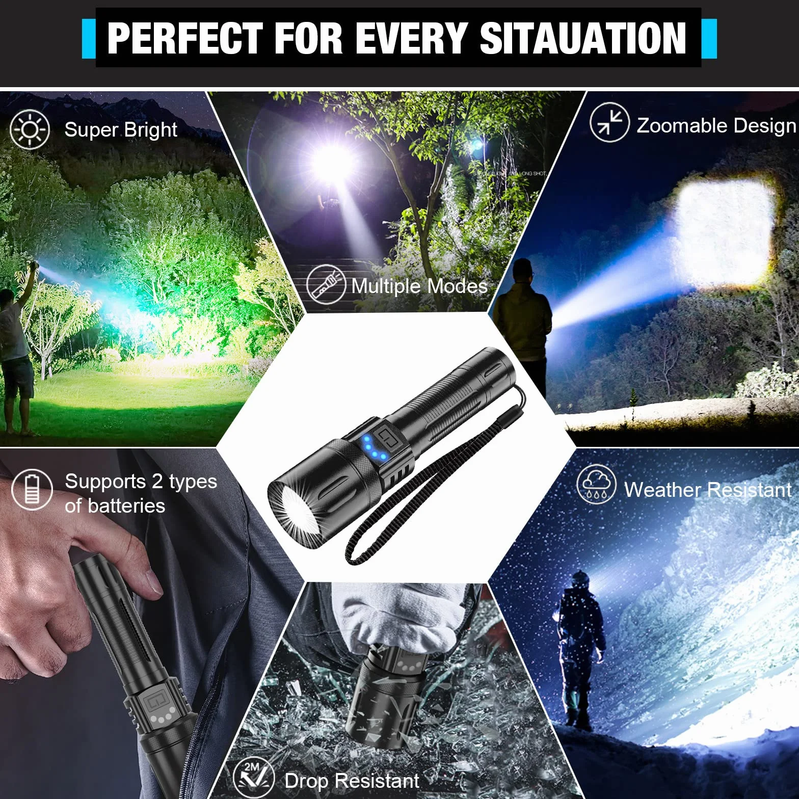 Taktyczne latarki LED, super jasna, 10000 lumenów, latarka o wysokim natężeniu światła (do biwakowania i wędrówek) z wodoodpornością IPX7, zoomowa, mała latarka do wielokrotnego ładowania, w nagłych wypadkach