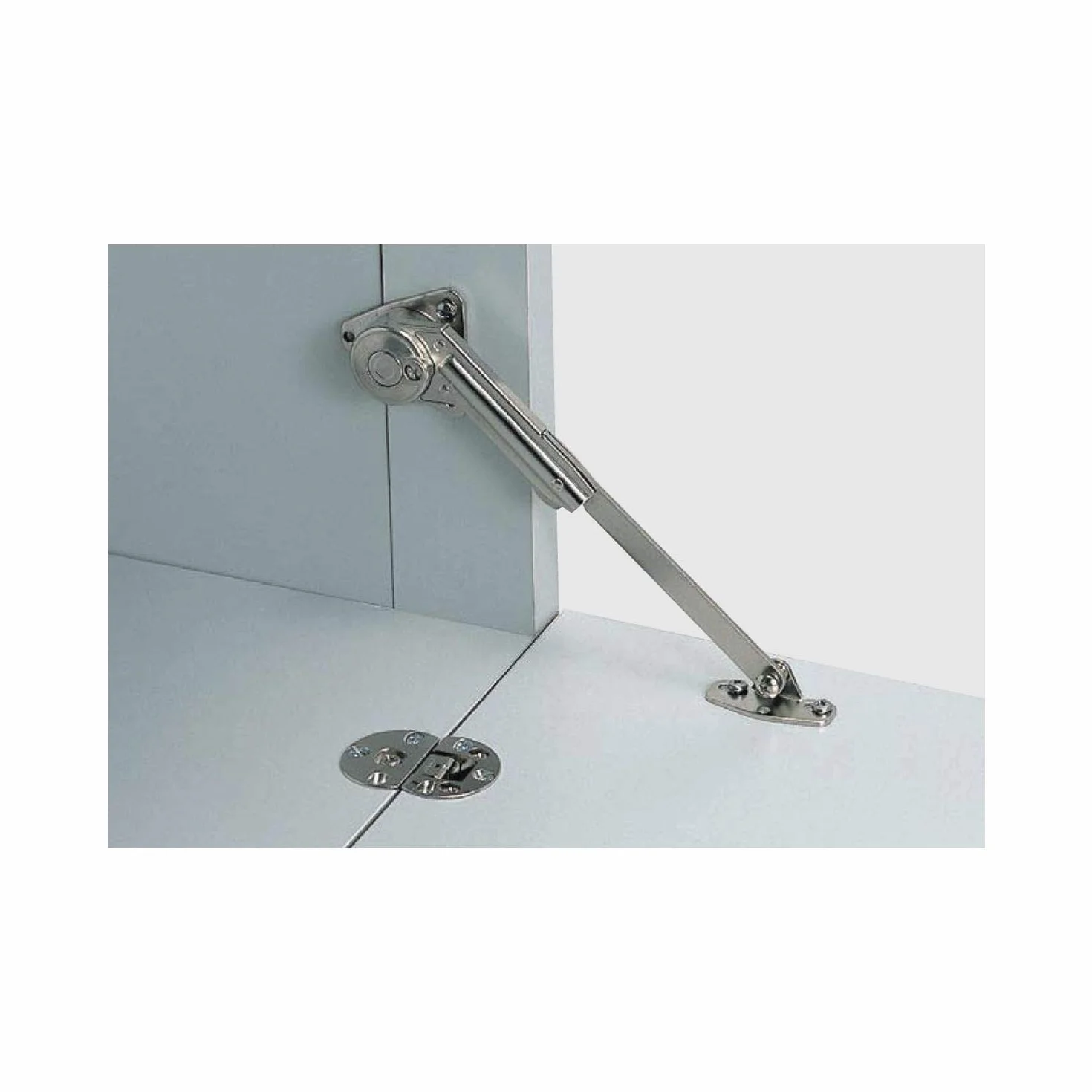 LAMP 180-109-008 prawy, uchwyt klapy hamulcowej NSDX-10, okucie klapowe na dole do frontów drewnianych, stal niklowana, srebrna