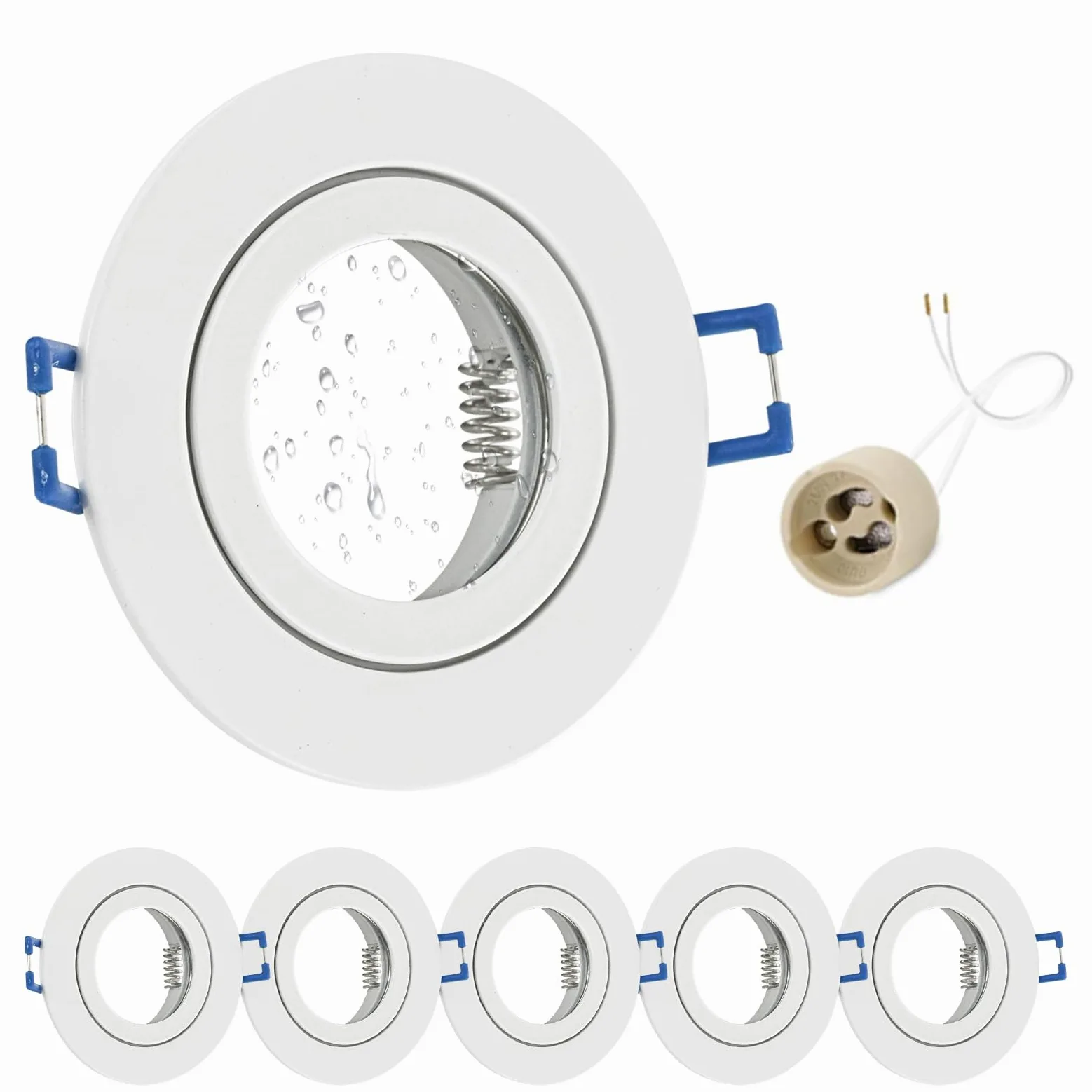 GeyouLux 6 x reflektor LED do zabudowy, 230 V, IP44, oprawka z gniazdem GU10, aluminiowa, biała, okrągła, płaska, okrągła, do łazienki, 68 mm, do użytku na zewnątrz i wewnątrz