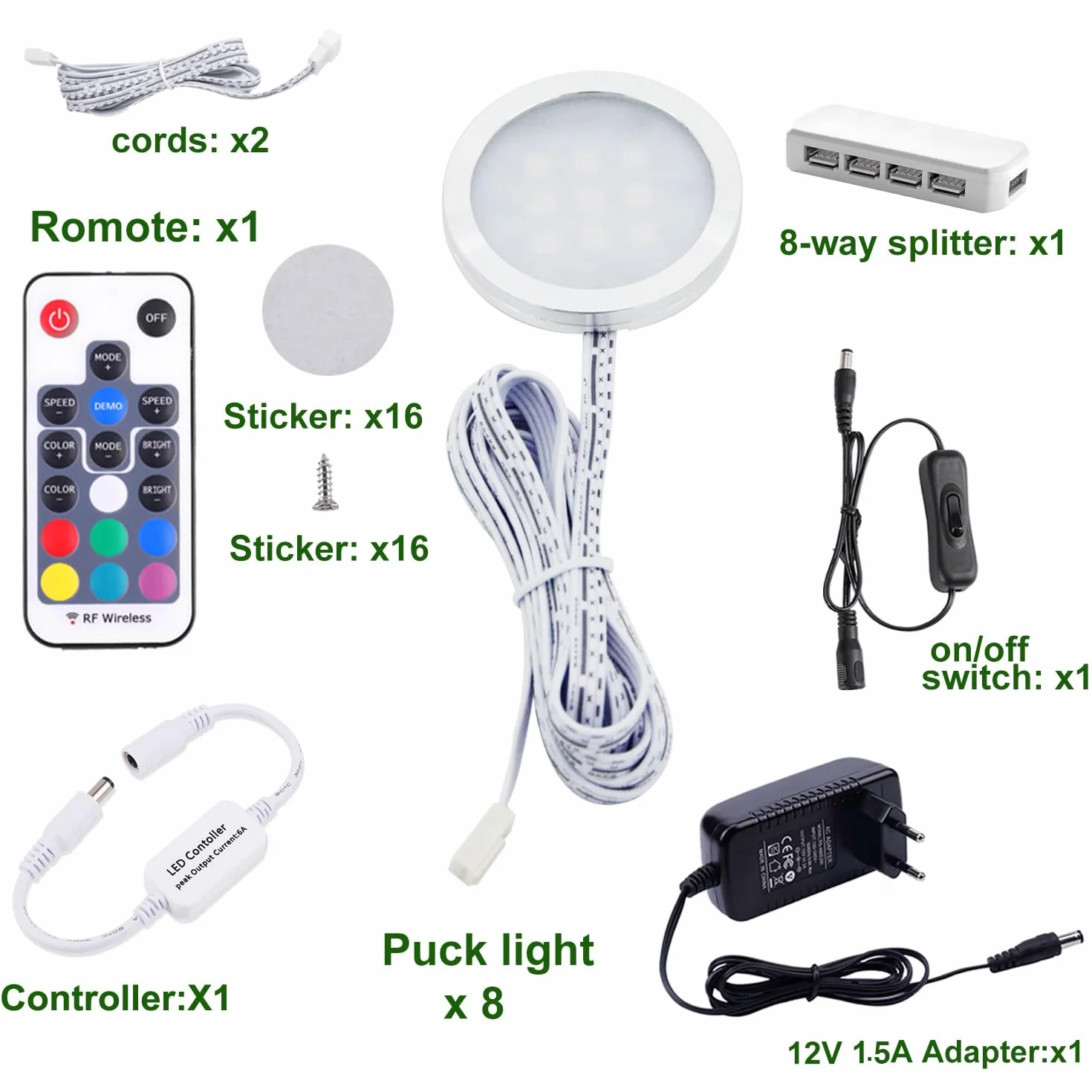 AIBOO Oświetlenie szafki RGB LED, zestaw 8 sztuk, 12 V, lampa podszafkowa, zmiana koloru z pilotem zdalnego sterowania, możliwość ściemniania, oświetlenie witryn RGB, oświetlenie LED do oświetlenia