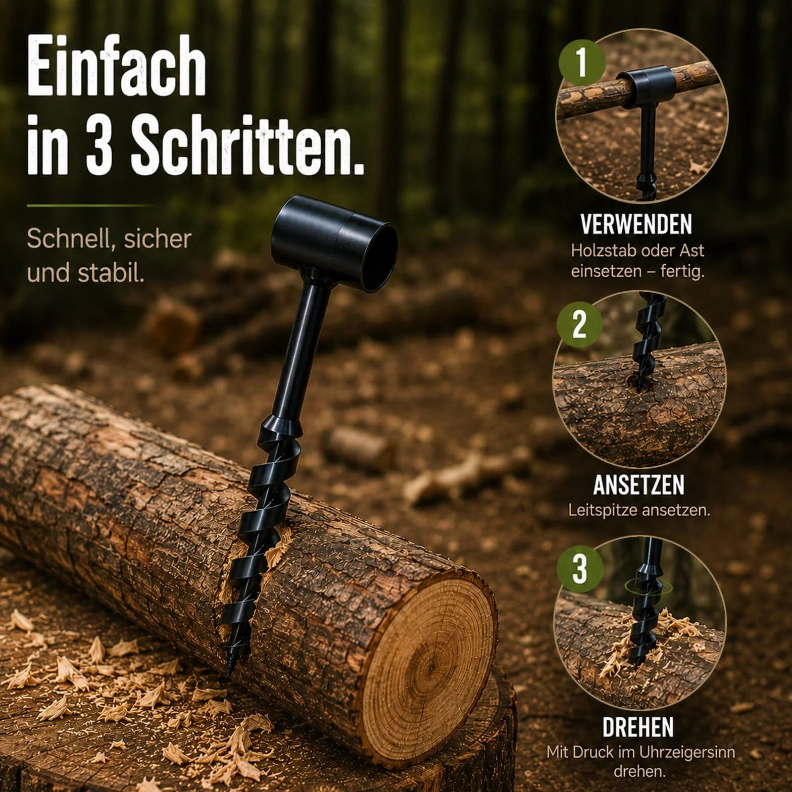 Bushcraft 4-częściowy zestaw wierteł ręcznych do drewna z drewnianym drążkiem, do obróbki drewna, do survivalu na świeżym powietrzu, na kemping, do pracy