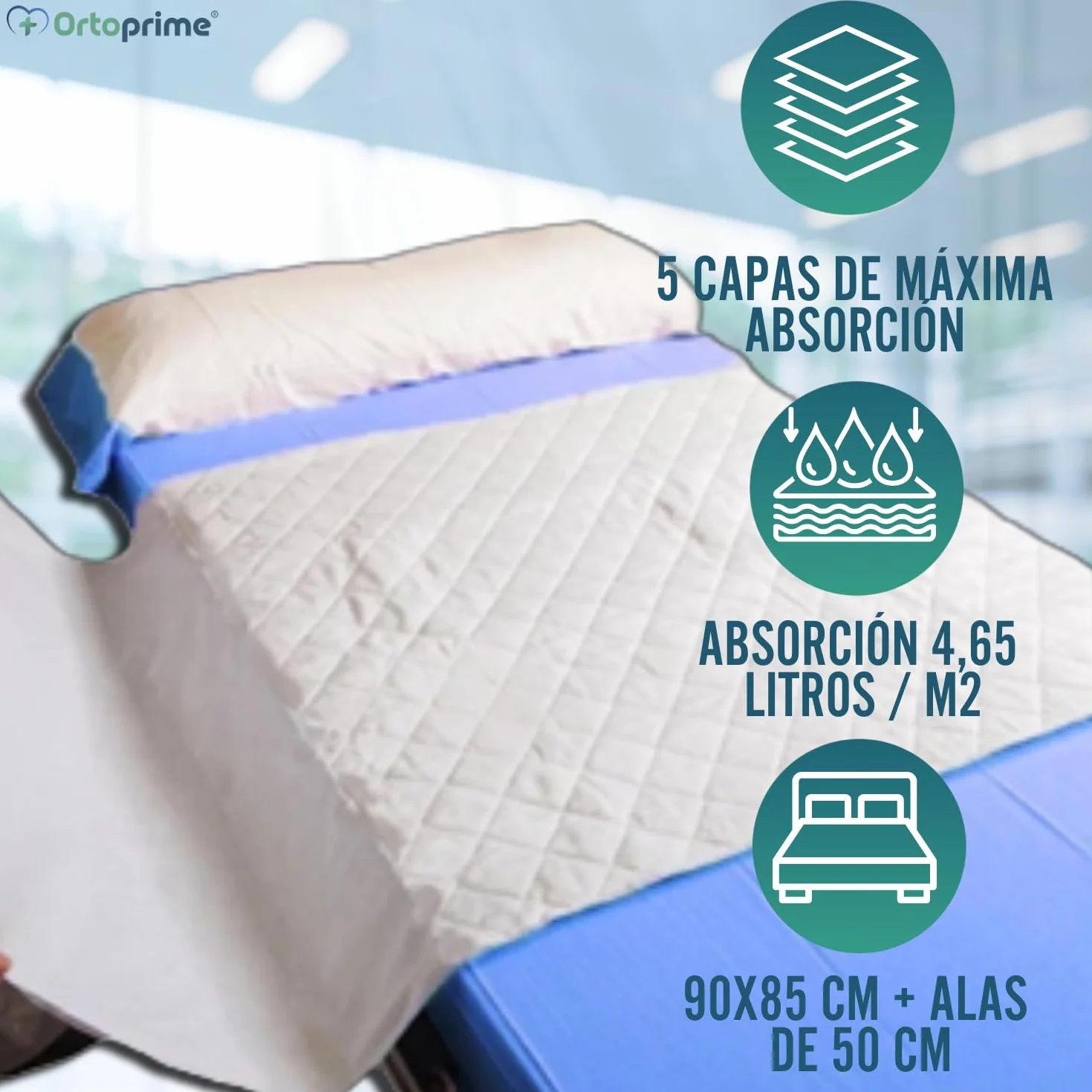 OrtoPrime Podkładka do łóżka Super chłonna 4,65 l m2 5-warstwowy ochraniacz na materac 90x85 cm