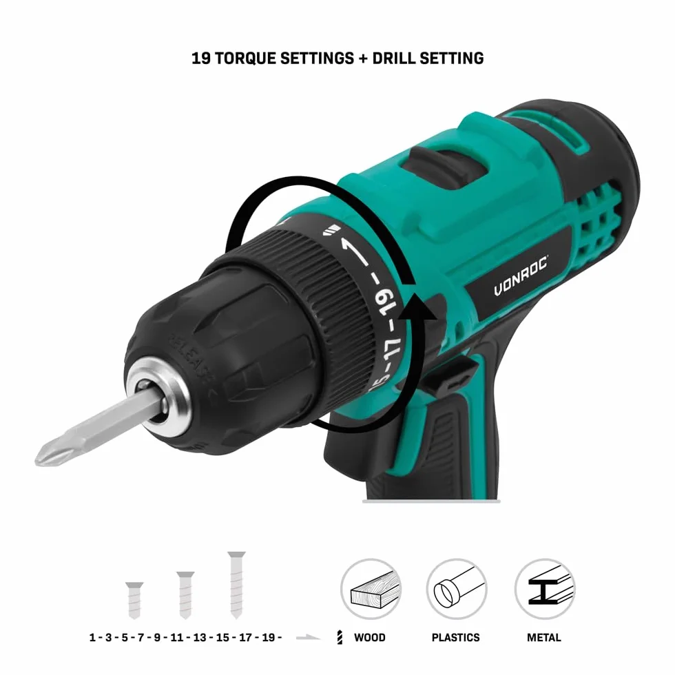 VONROC Wiertarko-Wkrętarka Akumulatorowa 20V 25Nm Zestaw 2x 2.0Ah + Ładowarka 2 Biegi 19+1 Ustawień LED Uchwyt 10mm Do Wiercenia i Wkręcania VPower