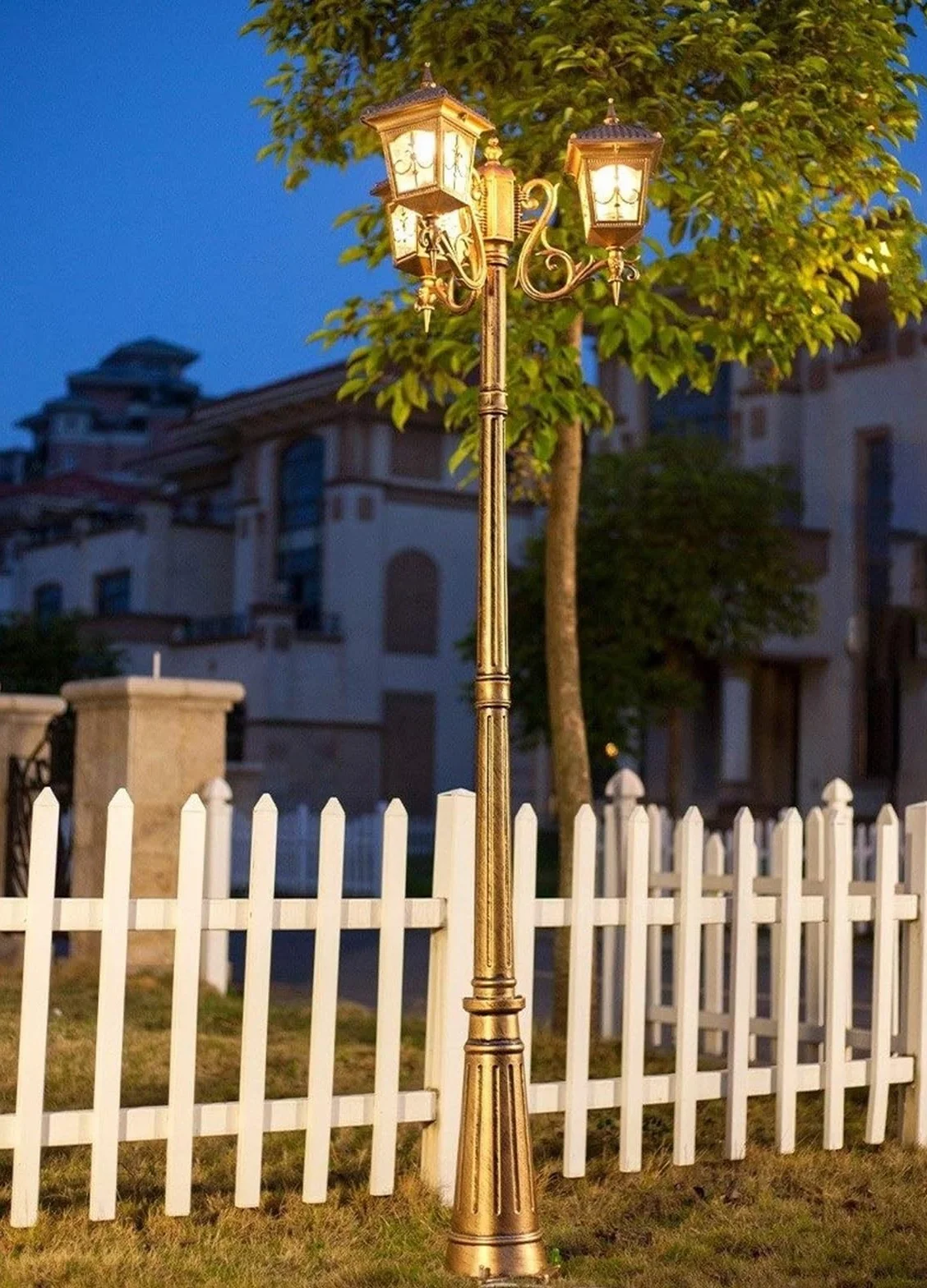 Lampy Solarne Na Słupku, Zewnętrzne Lampy Uliczne, 3-Światła, Europejska Tradycja, Wodoodporna Lampa Uliczna, Zewnętrzne Lampy Na Słupku, Antyczne Aluminium, Metal,Brown-2.05M