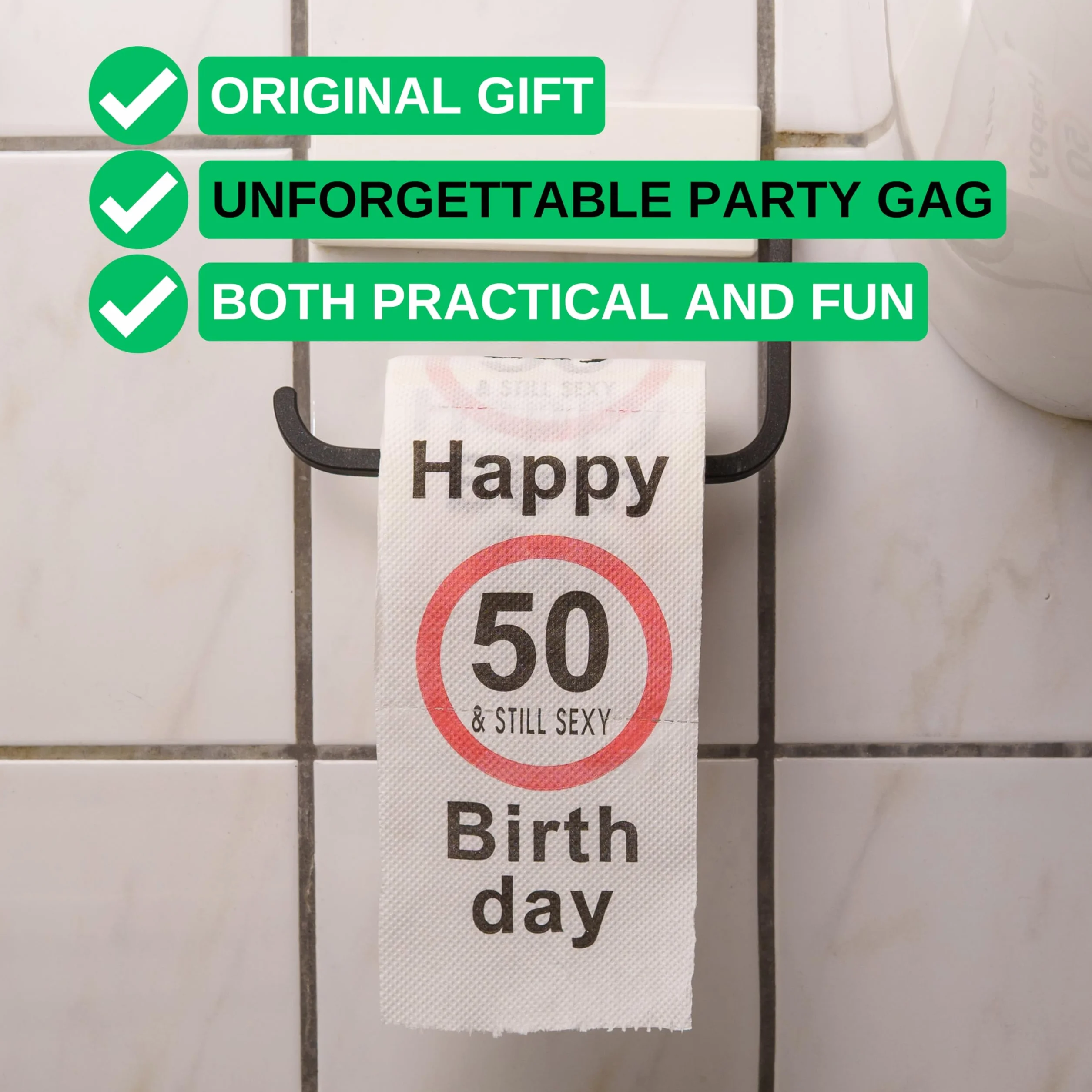 Happy Birthday & Still Sexy papier toaletowy, dekoracja i pakowanie prezent na 50. urodziny, zabawny motyw rolki papieru toaletowego, innowacyjny prezent dla nastolatków, chłopców, dziewcząt