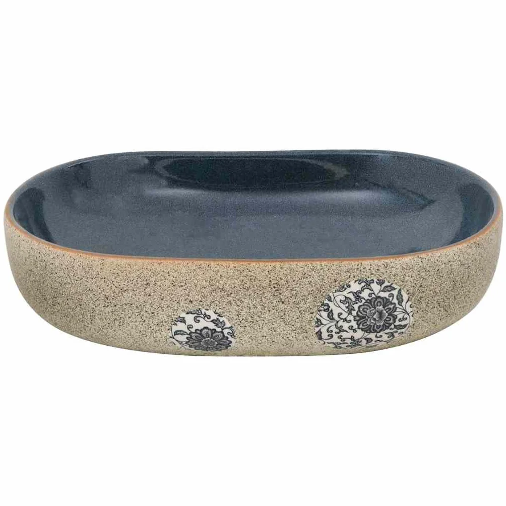Umywalka nablatowa, kolor piaskowy, niebieski, owalny, 59 x 40 x 14 cm, ceramiczna umywalka, umywalka łazienkowa, WC dla gości, oszczędność miejsca, łatwa w pielęgnacji, z odpływem i otworem