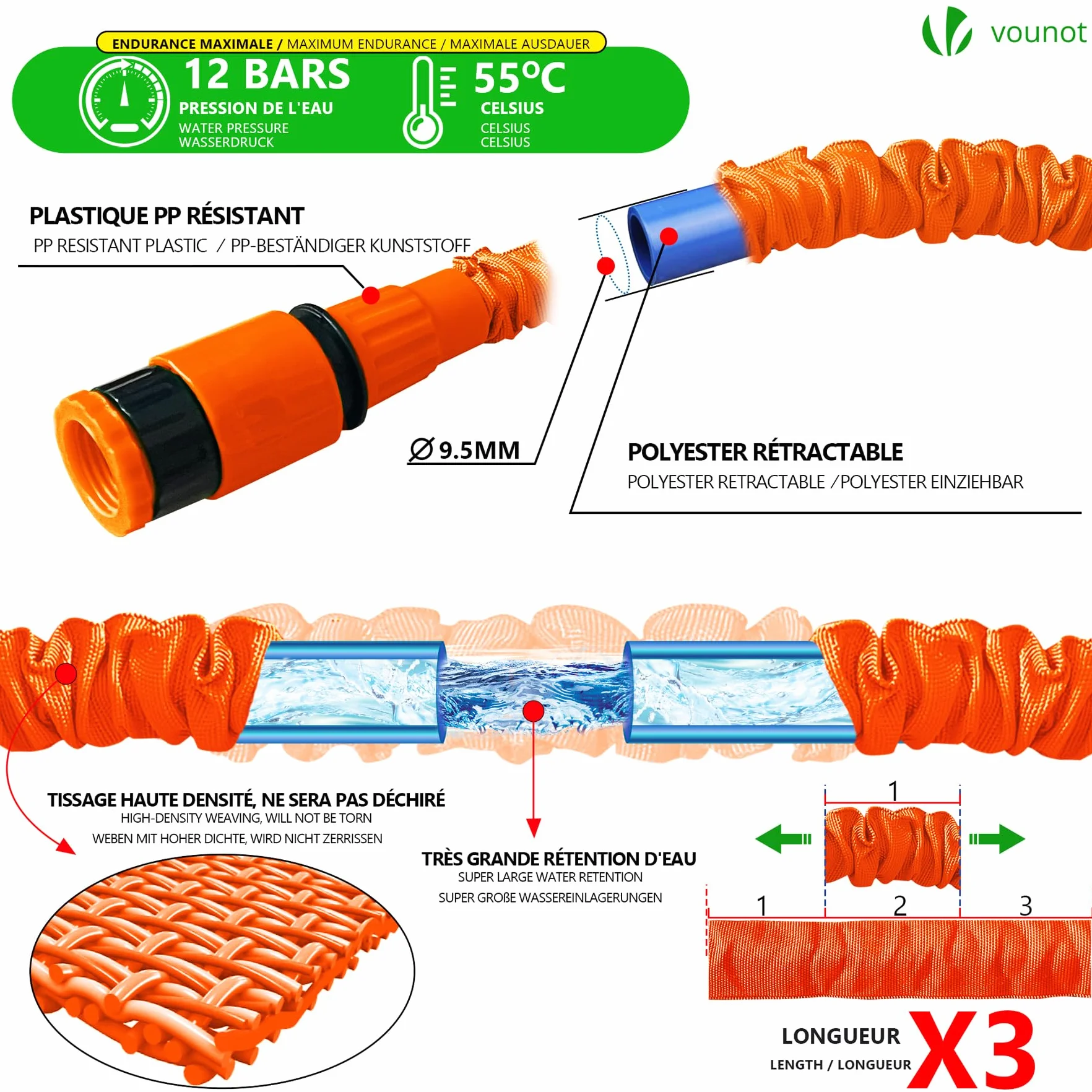 VOUNOT® Elastyczny Wąż Ogrodowy 30 M, Rozciągliwy Ze Złączkami, 10 Funkcji Zraszania, Szybkozłączki I Uchwyt Ścienny, Pomarańczowy