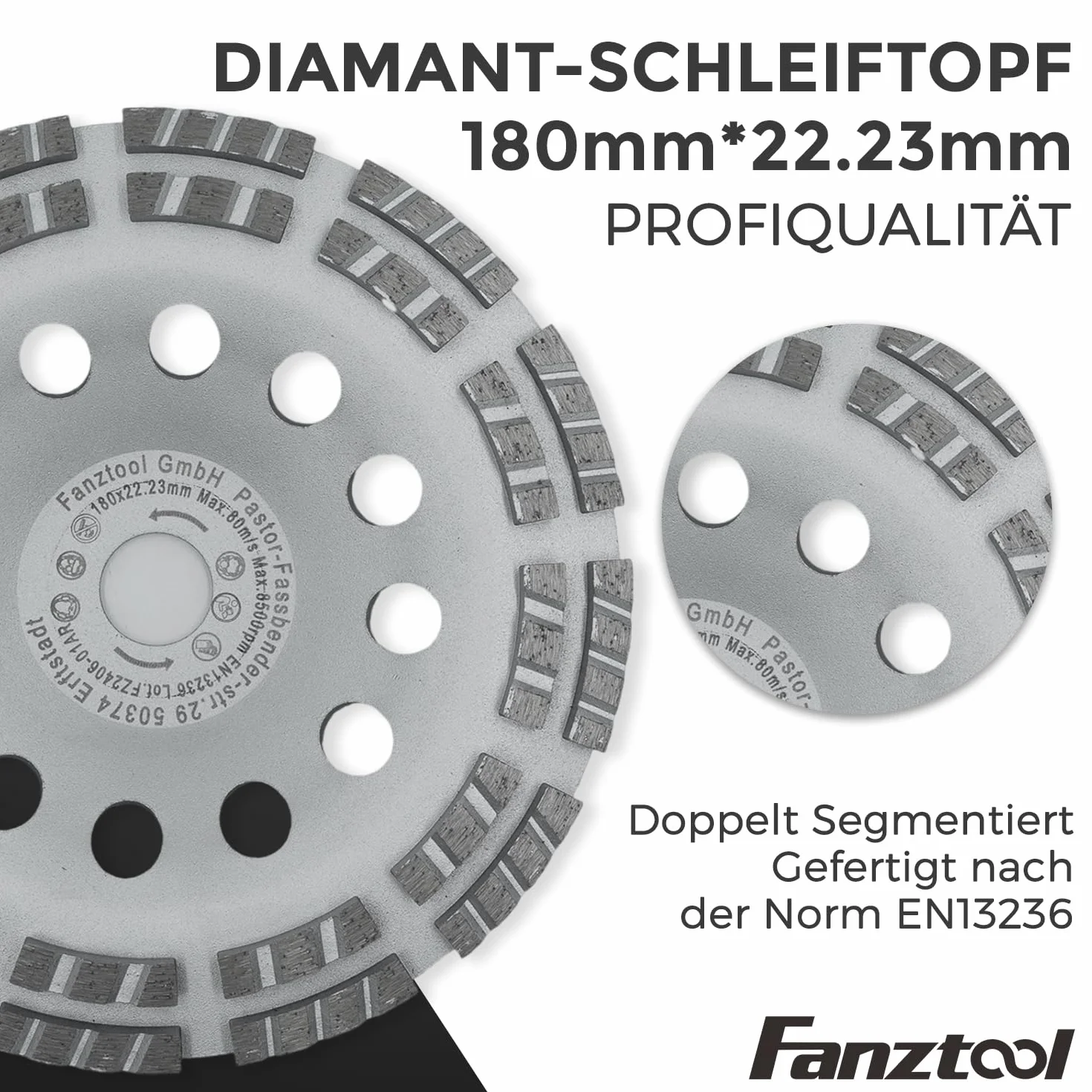 FANZTOOL Diamentowa tarcza szlifierska 180 mm + osłona odsysająca do szlifierek kątowych, szlifierki do betonu (z 180 mm garnkiem szlifierskim x 2)