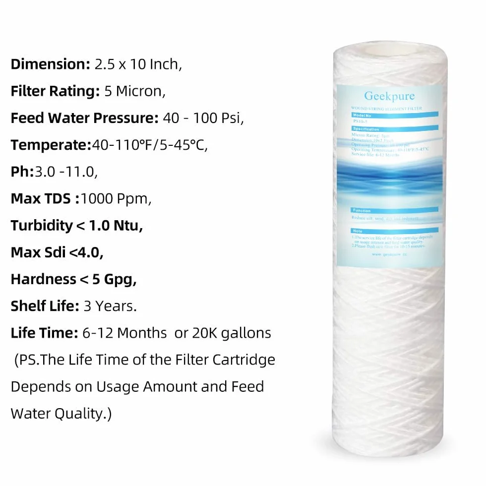 Geekpure 10-calowy wymienny filtr osadowy z plecionego sznurka PP 2,5" x 10" 5 mikronów opakowanie 4 szt