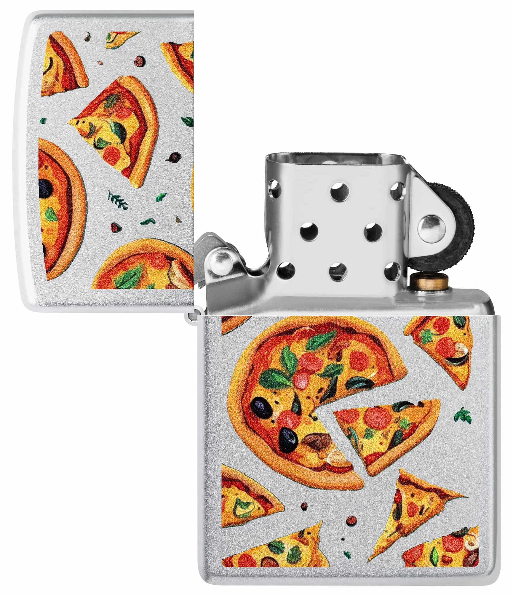 Zippo Pizza Zapalniczka Sztormowa, Kolorowy Nadruk, do Napełniania, Wielokrotnego Użytku, Wiatroodporna Konstrukcja, Pudełko na Prezent, Wykonano w USA, Satynowy Chrom (Satin Chrome)