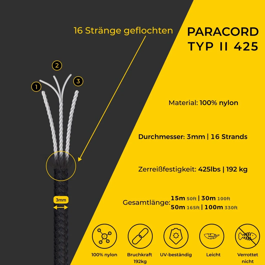 3 mm Nylon Paracord 425 (50 i 100 m) – 3 mm Typ II, 100% nylonowa lina, 3-żyłowa lina, 3 mm nylonowa lina w wielu kolorach