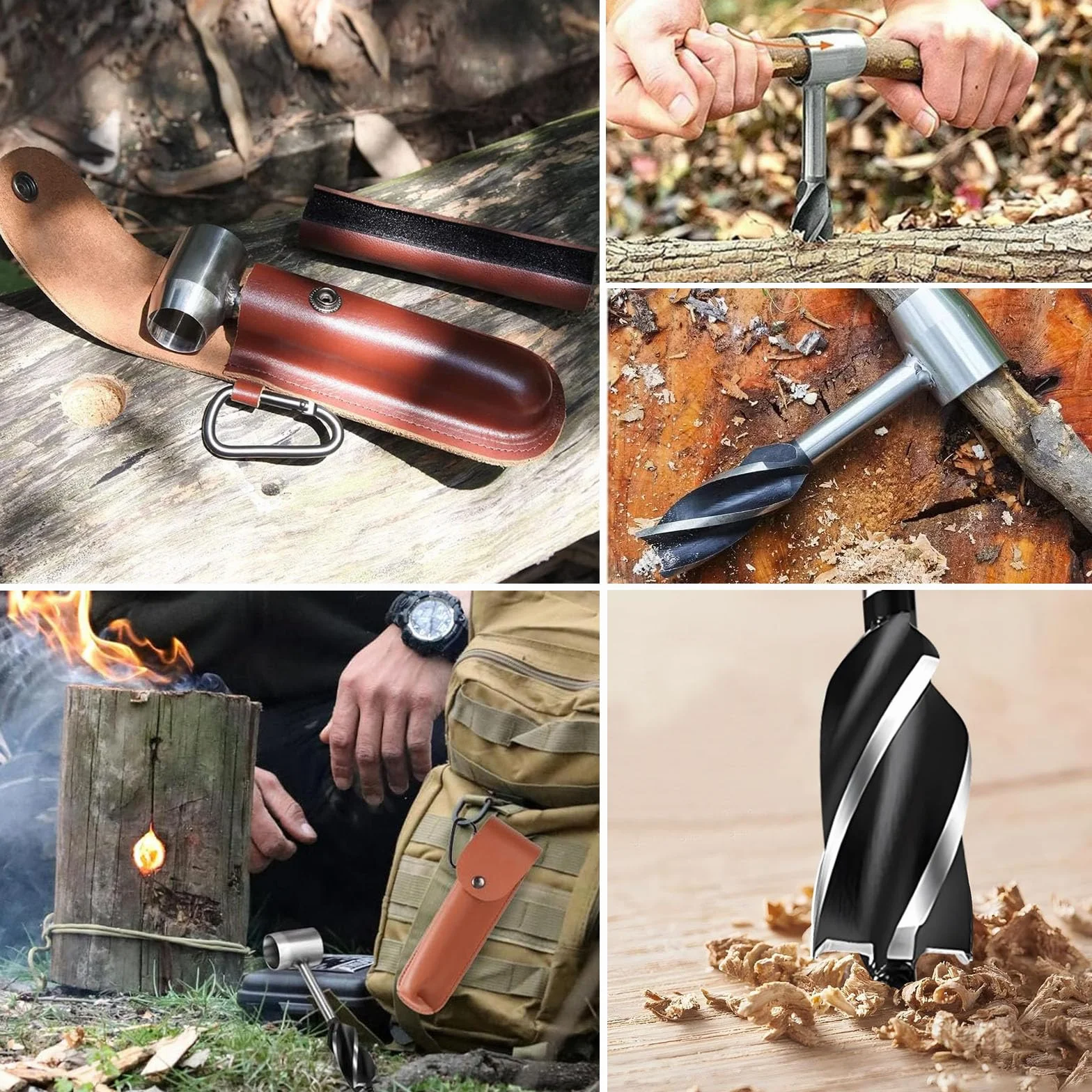 Ręczna wiertarka ślimakowa, ręczna wiertarka Bushcraft, ręczna wiertarka do drewna, ręczna wiertarka survivalowa ze skórzanym pokrowcem, zestaw wierteł ręcznych, do bushcraft, na kemping i podróże z