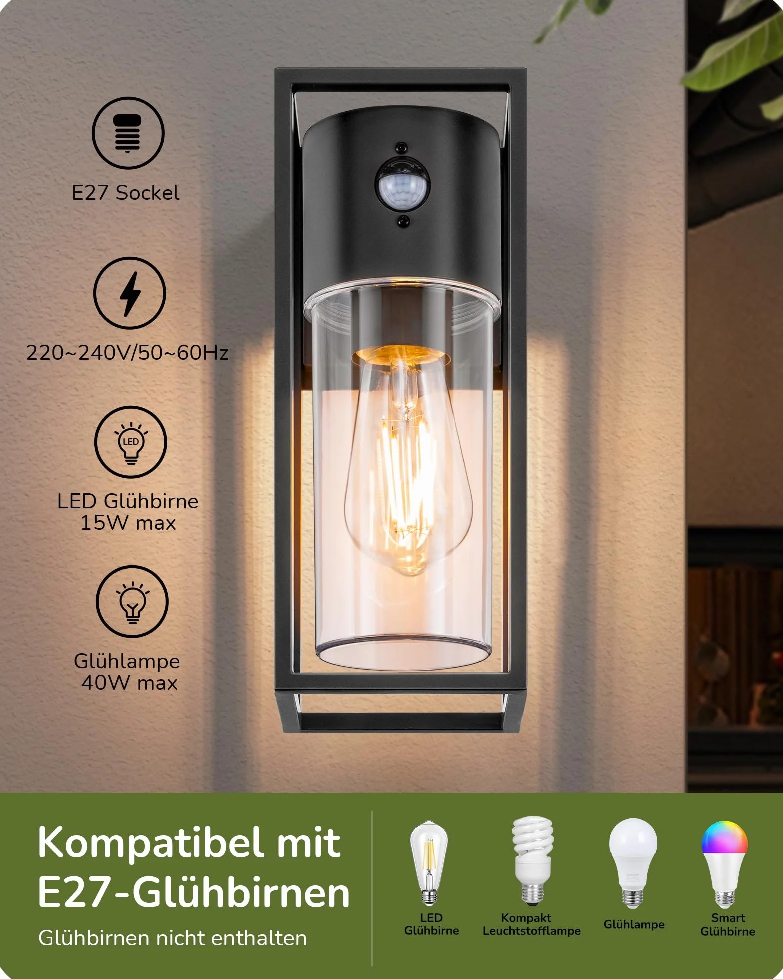 EDISHINE Zewnętrzna lampa ścienna z czujnikiem ruchu, gniazdo E27, wodoodporna IP44, lampa ścienna z aluminium i szkła hartowanego do ogrodu, balkonu, tarasu, frontu, żarówki nie są dołączone, czarna