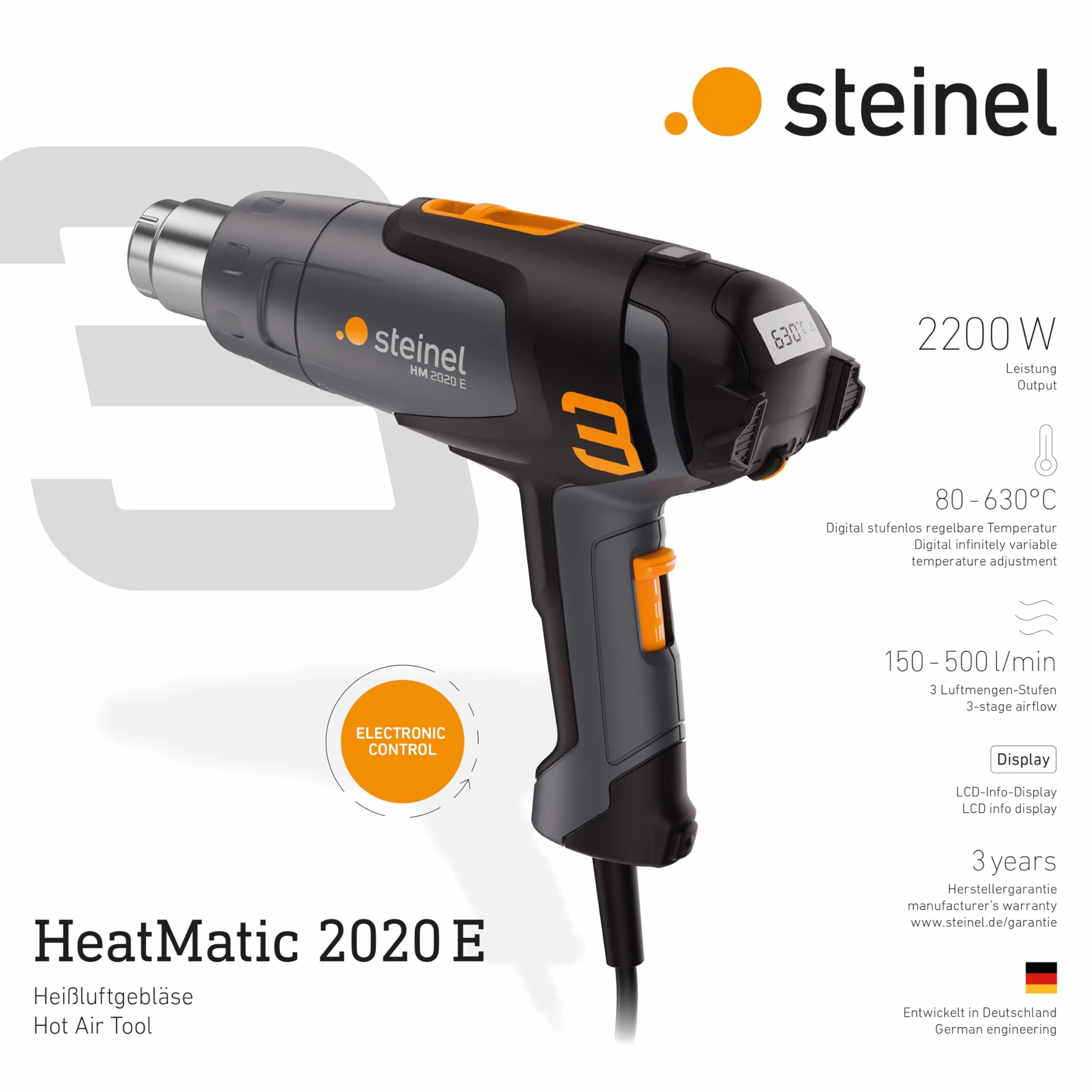 Steinel Pistolet na gorące powietrze HM 2020 E | 2200 W, wyświetlacz LCD, temperatura 80°-630°C, pistolet na gorące powietrze z grzałką ceramiczną, 150-500 l/min.