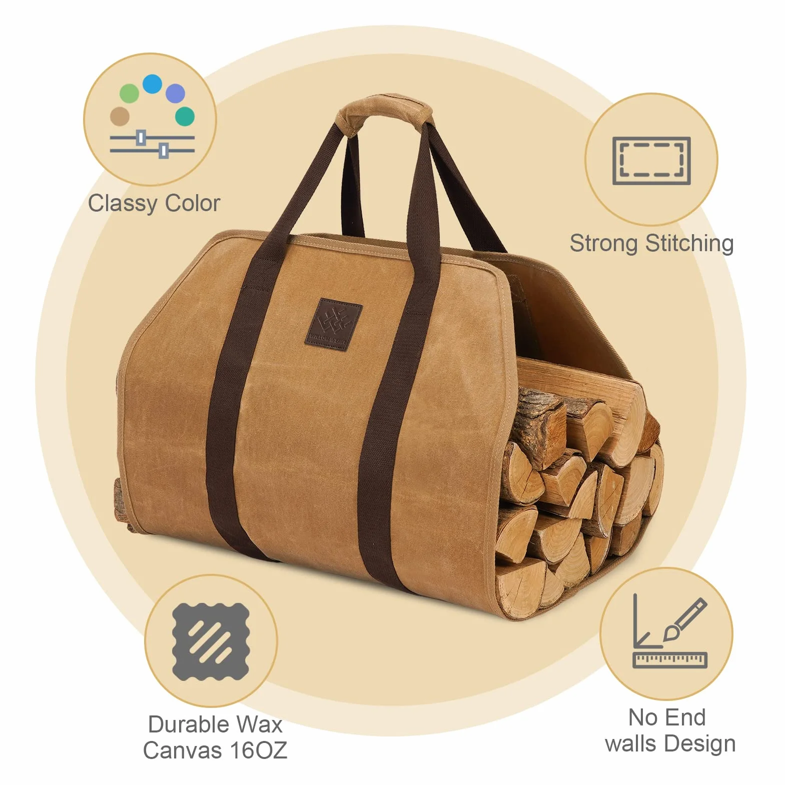 WILLOW WEAVE Torba na drewno opałowe, torba na drewno, uchwyt na drewno kominkowe, Khaki, 40 inches x 19 inches, Klasyczny