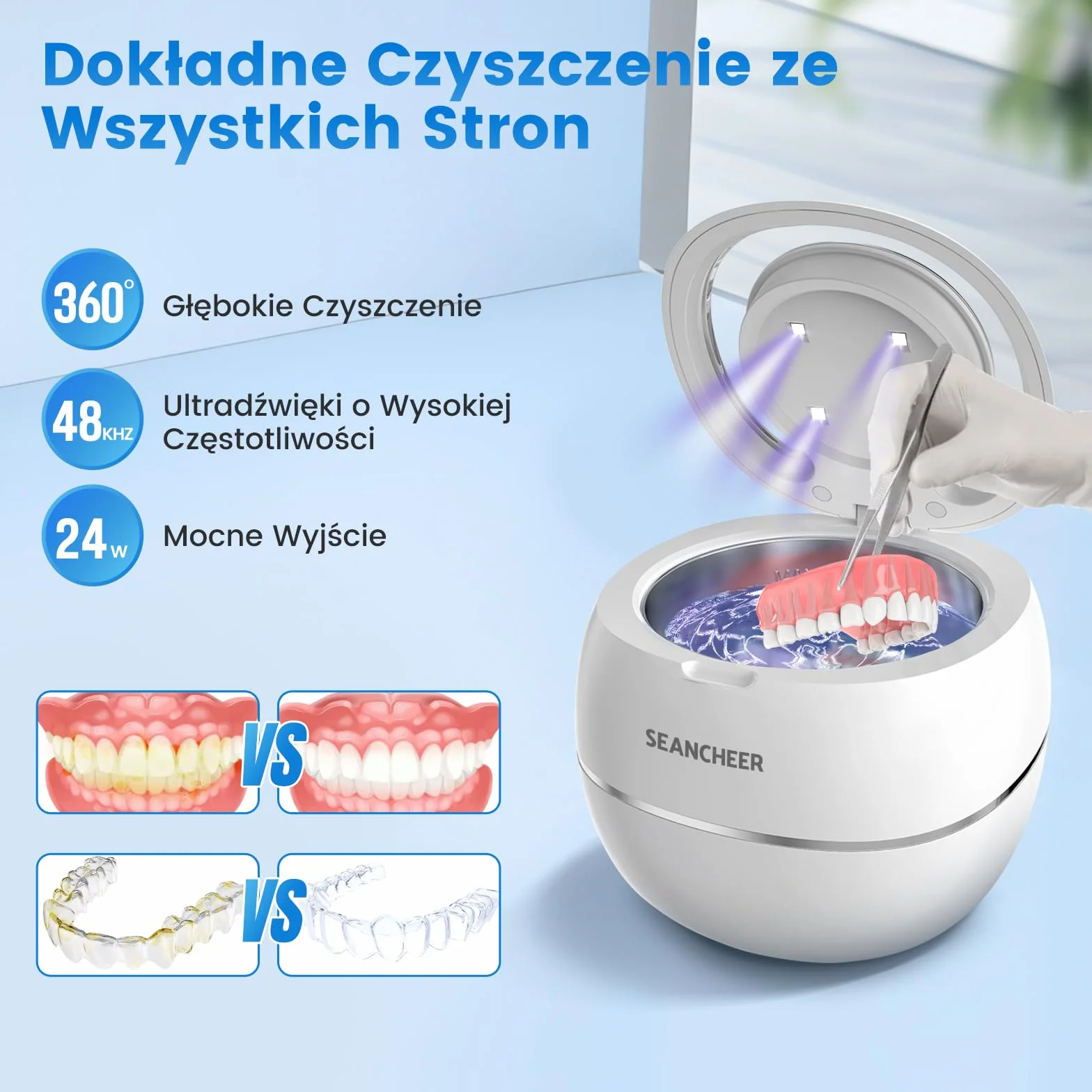 SEANCHEER Czyszczarka ultradźwiękowa | 48kHz | 180ML | Ultradźwiękowe Urządzenie Czyszczące z Lampą UV Do | Protez | Retainerów | Alignerów | Szyn Zębowych | Nakładek Nocnych | (Biały)